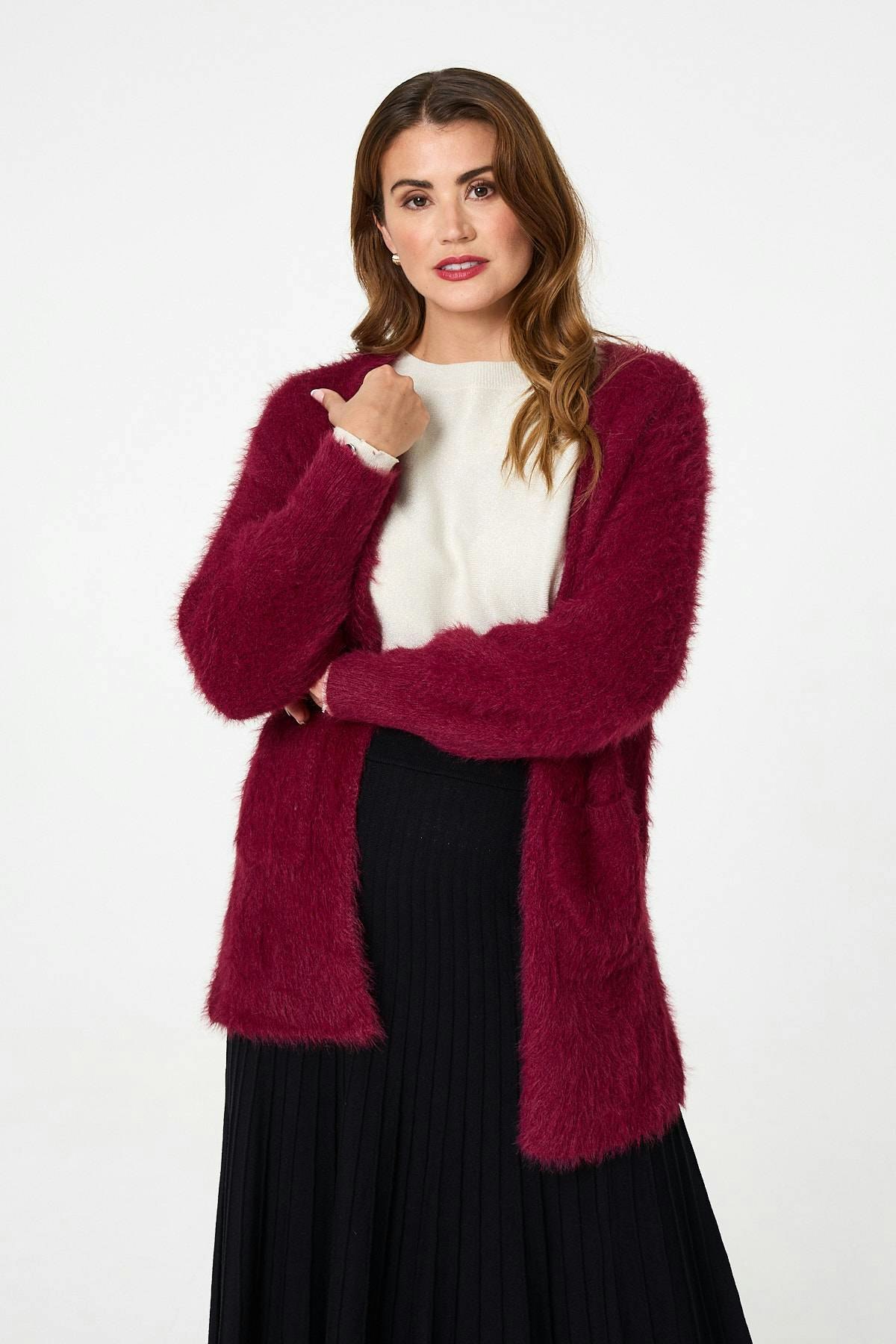 Izabel London Red Soft Textu Longline Open Cardigan - 8/10