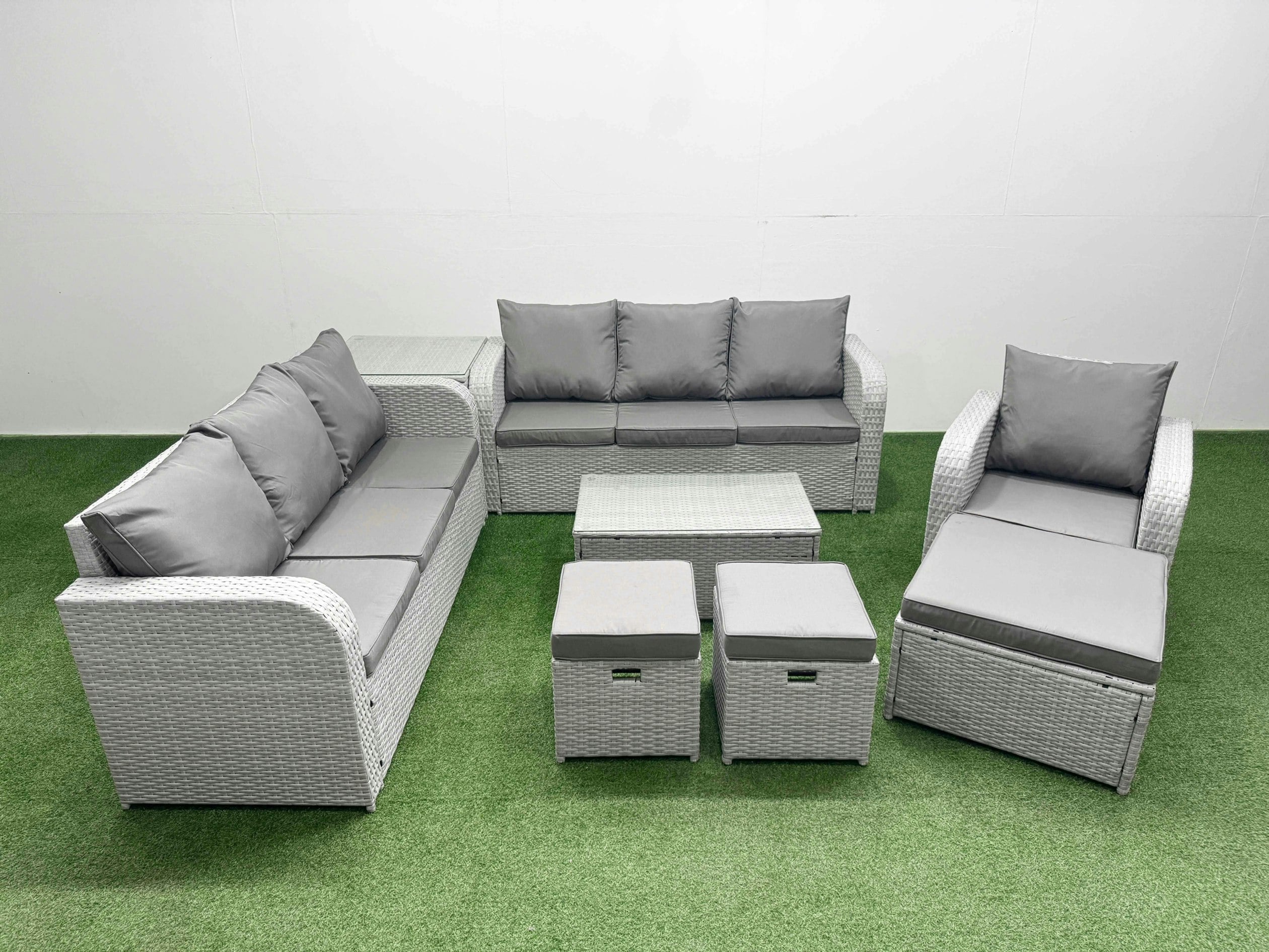 Rackhams Light/Grey 10 Seater Poly Rattan Outdoor Garden Furniture Sofa Set Patio 3 Seater Sofa Reclining Chair 3 Seater Sofa 3 Stools Side Table