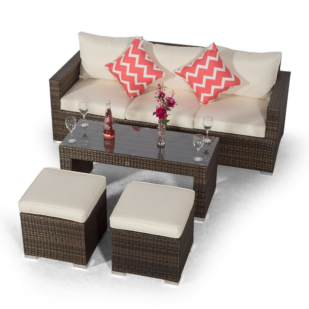 Rackhams Brown Sydney Rattan 3 Seater Sofa Set With Coffee Table And 2 Stools - 1