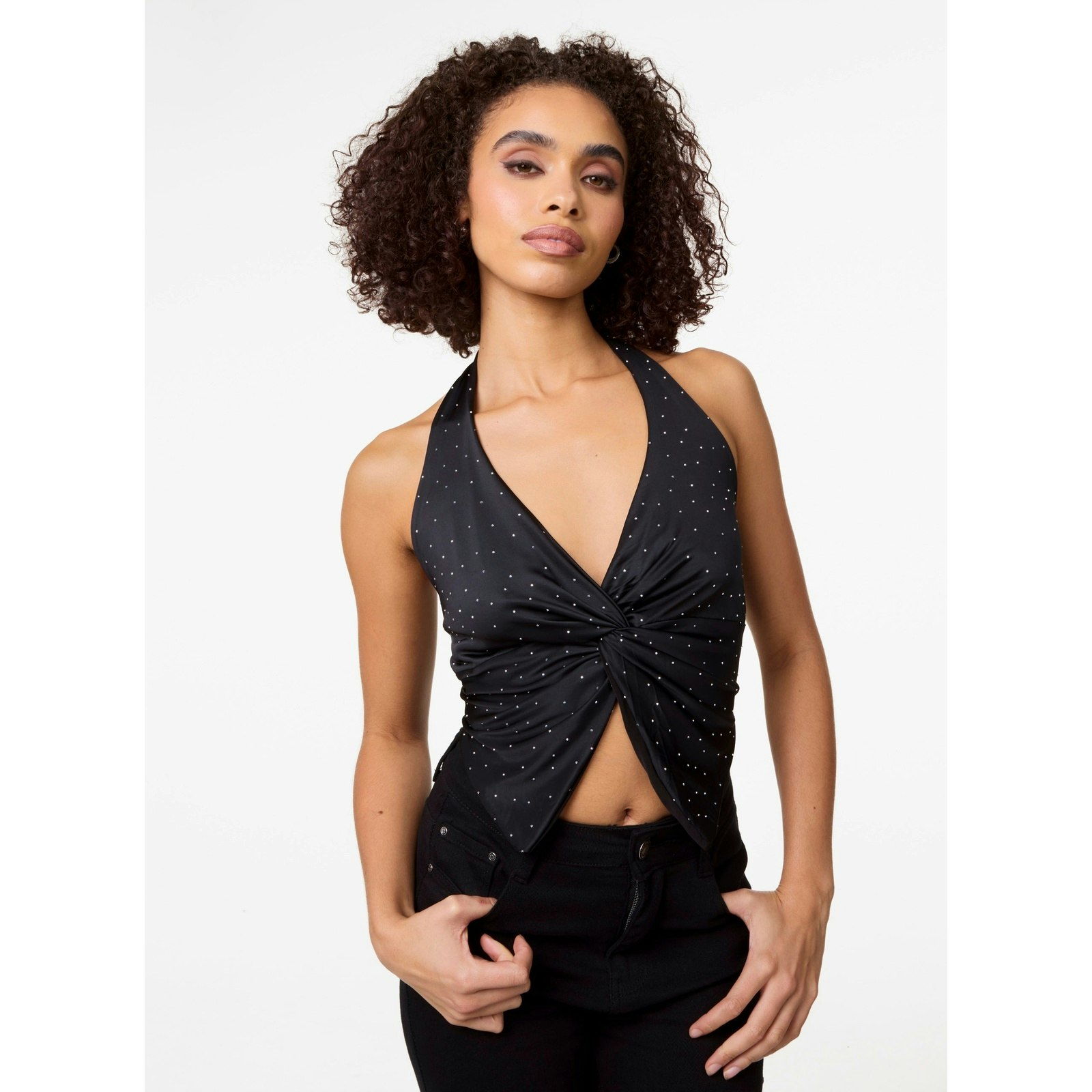 Pink Vanilla Pink/Black Vanilla Diamante Slinky Halter Top - M