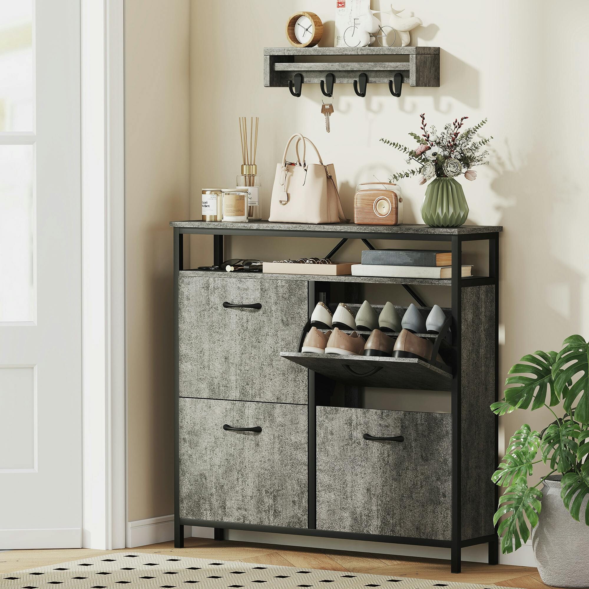 Homcom Grey Shoe Cabinet With 4 Flip Drawers, Holds 12-20 Pairs, Cement - Cement