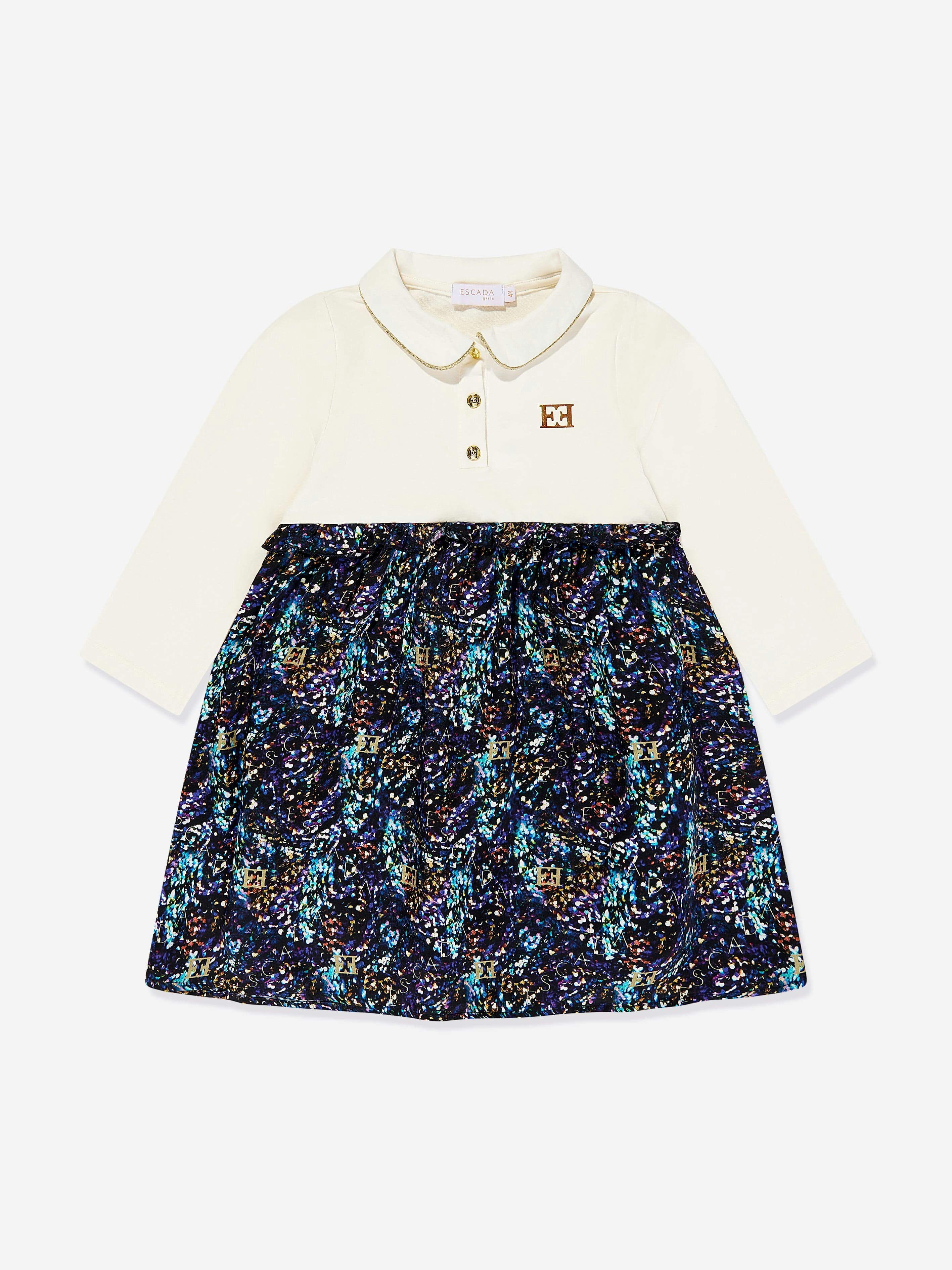 Escada Girls Gold Bi-Material Printed Dress In Navy - Navy - 12 Yrs