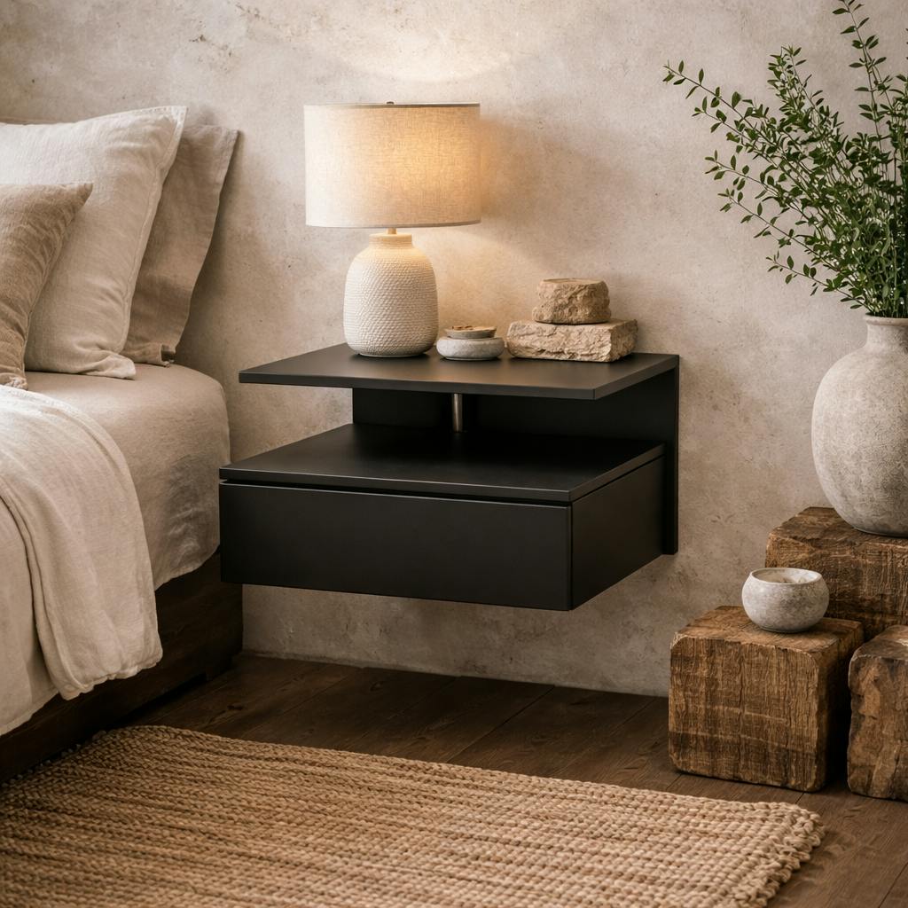 Rackhams Black Lincoln Wooden Floating Bedside Table 1 Drawer Open Shelf