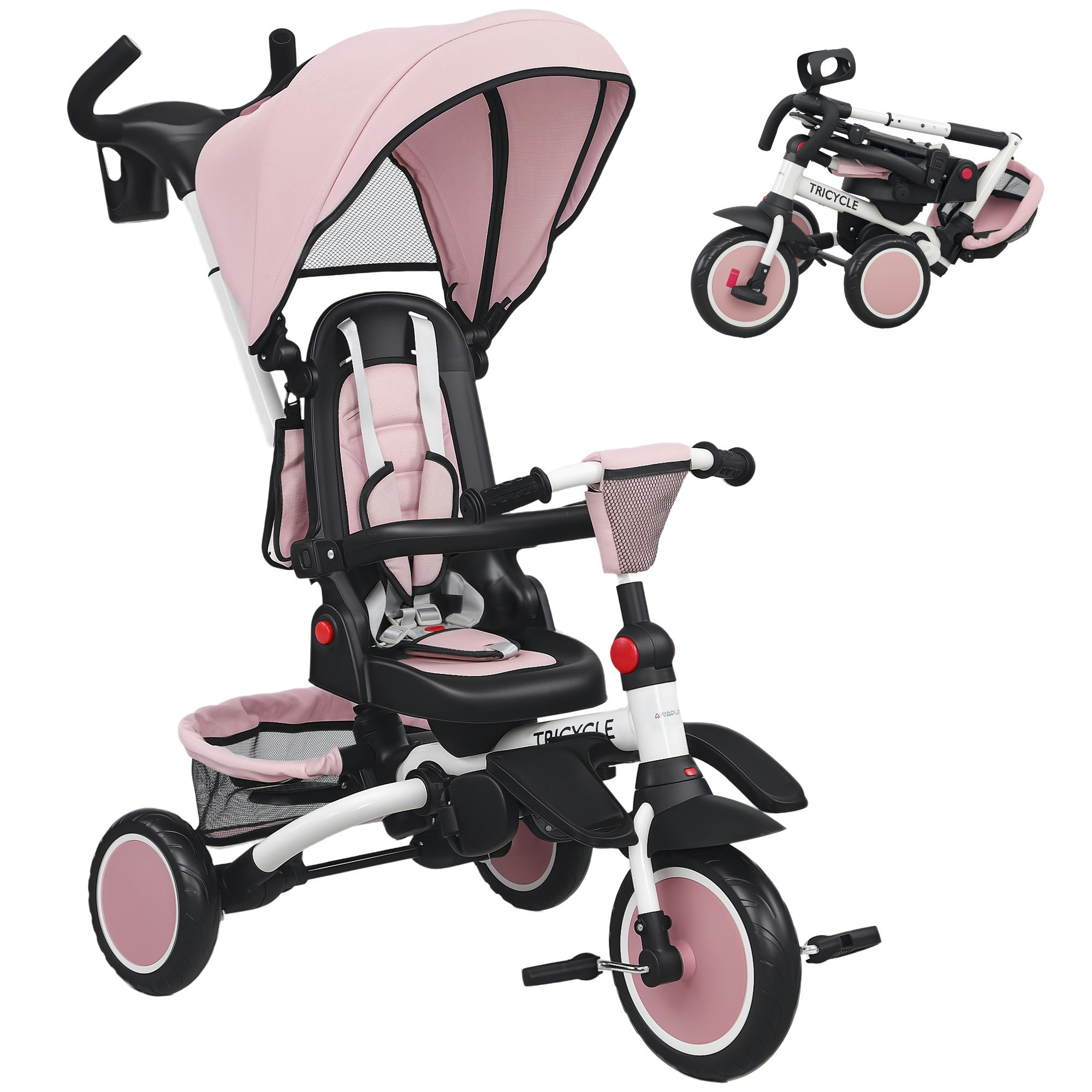 Aiyaplay Pink 6 In 1 Kids Trike, Toddler Tricycle With Parent Handle, 6In