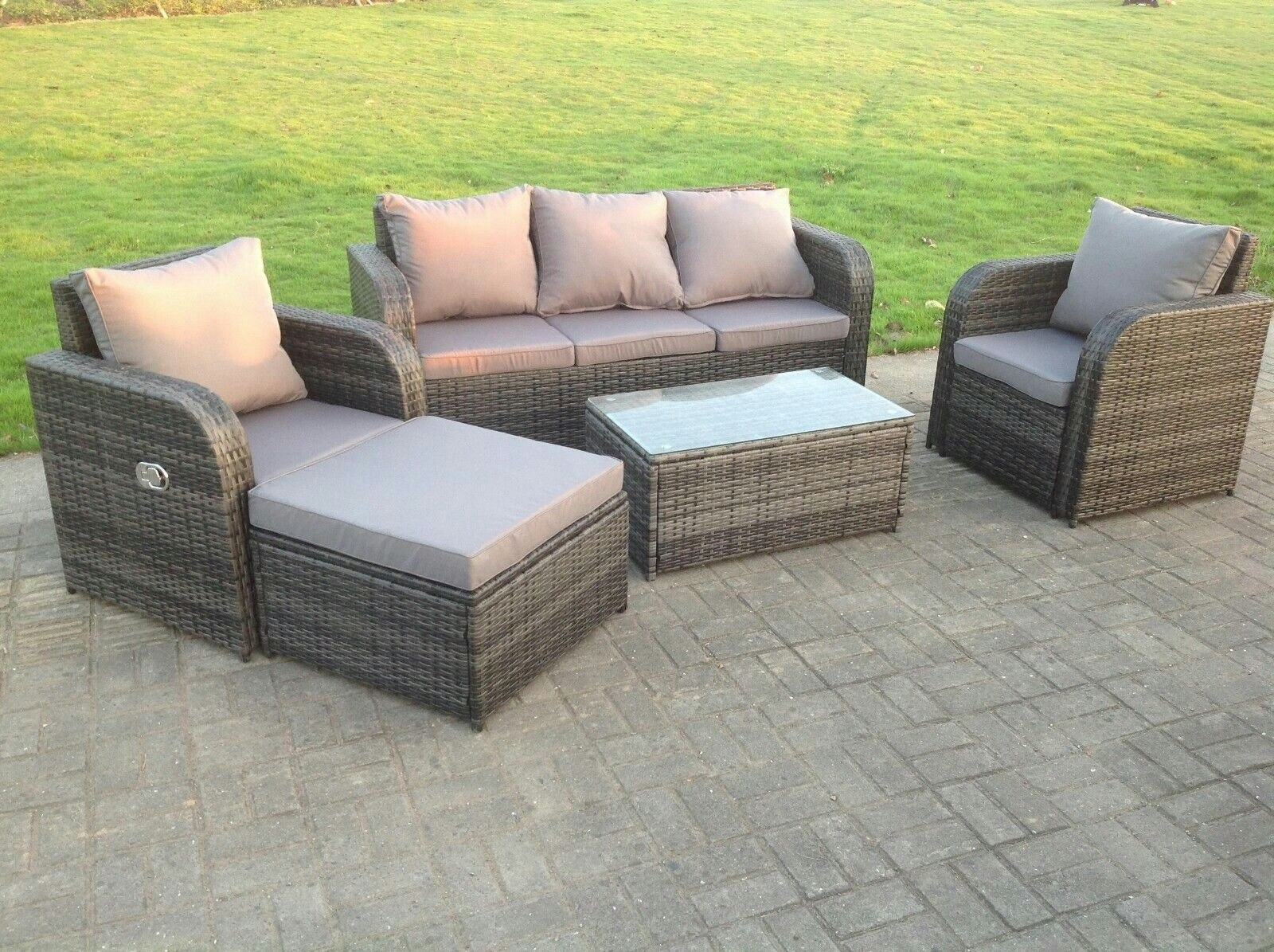 Fimous Dark/Grey Mix Pe Wicker Rattan Garden Furniture Set Sofa Set Reclining Adjustable Chair 6 Seater Oblong Coffee Table