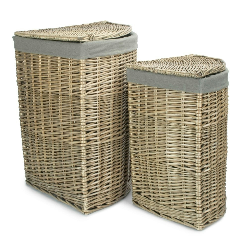 Rackhams Grey Set Of 2 Antique Wash Corner Linen Basket With Sage Lining