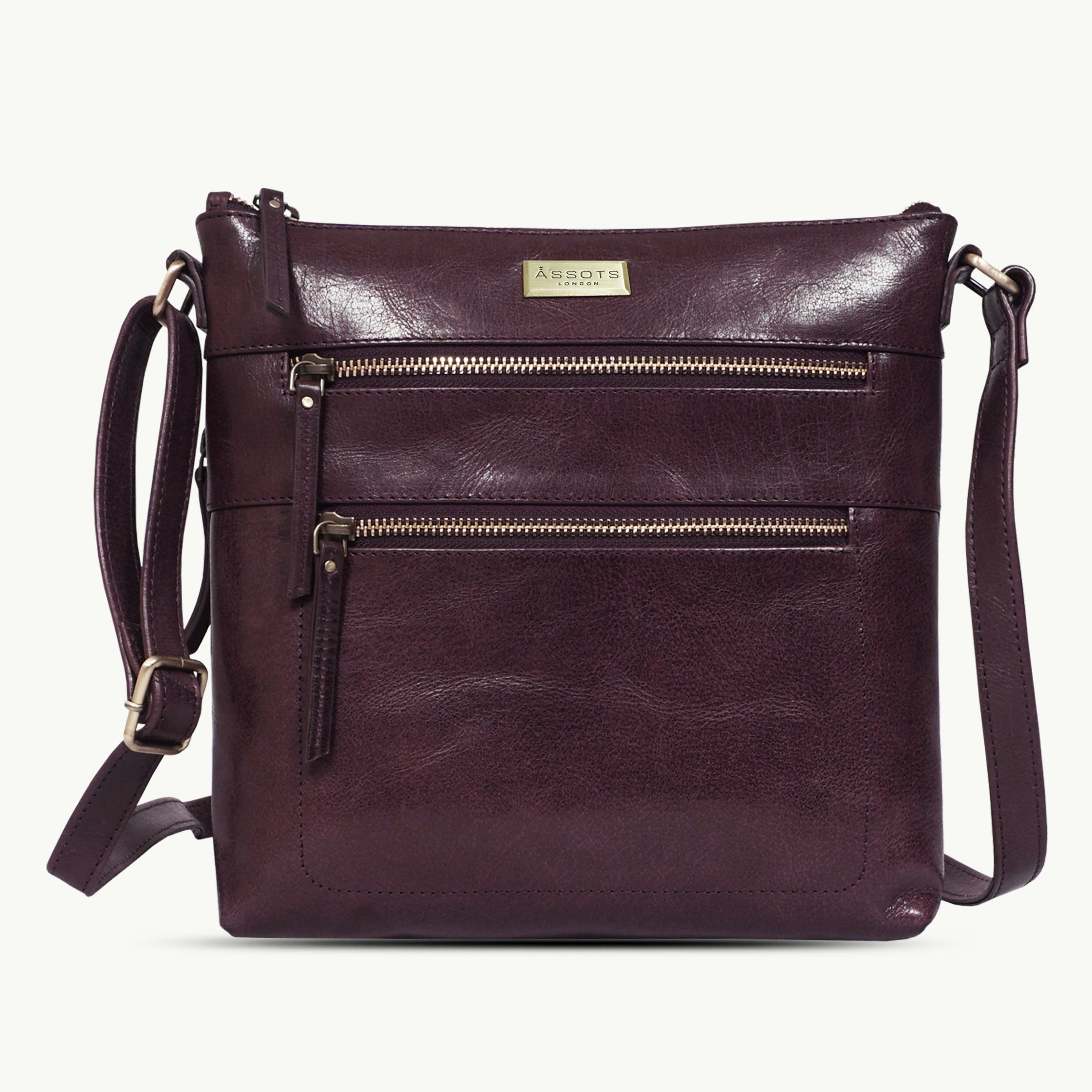 Assots London Grain/Beige/Gold 'Cori' Plum Waxy Vt Vintage Real Leather Crossbody Bag
