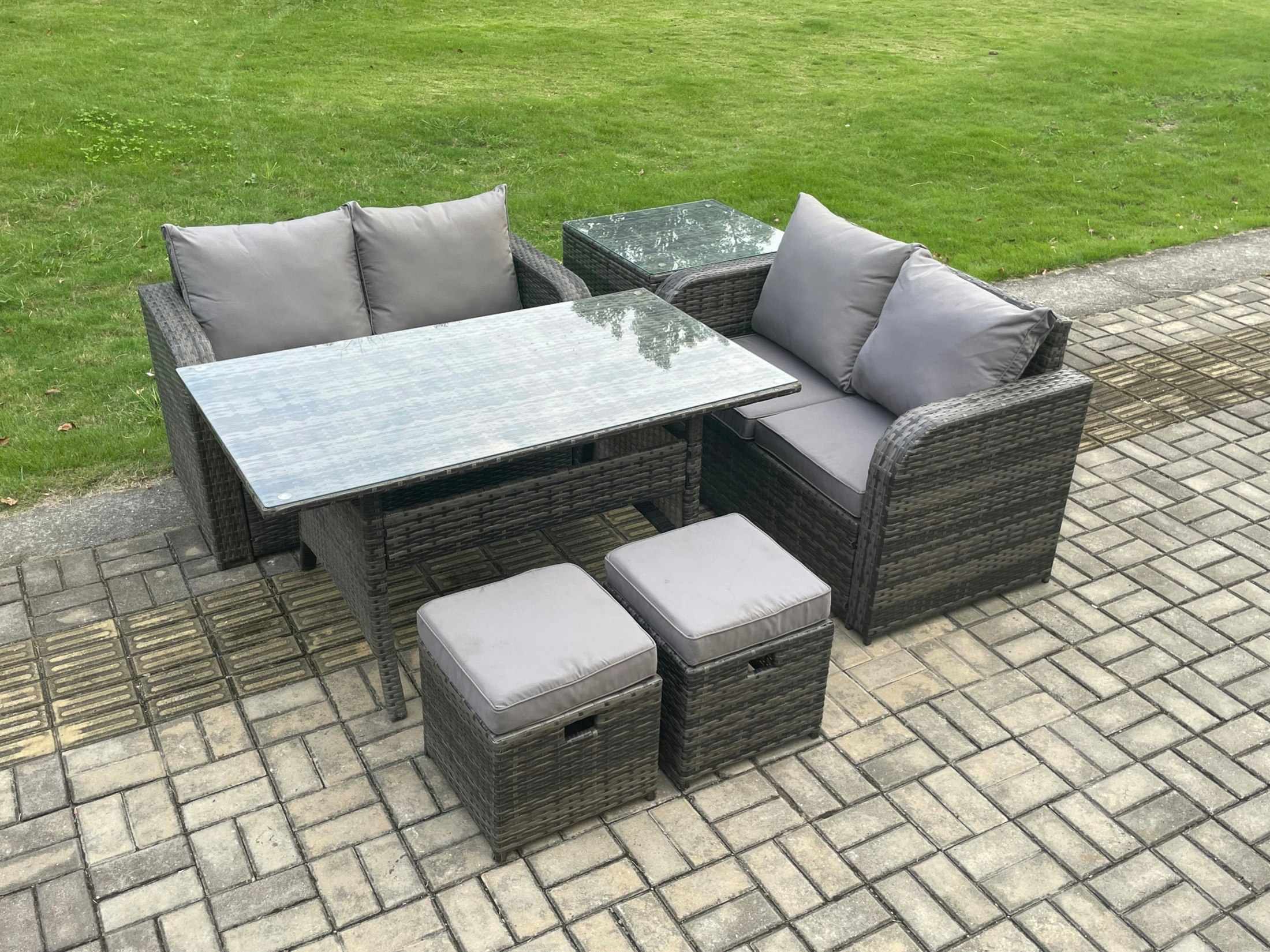 Fimous Dark/Grey Garden Patio Furniture Wicker Rattan Oblong Rectangular Dining Table And Loveseat Sofa Set With Side Table 2 Small Footstools Mixed