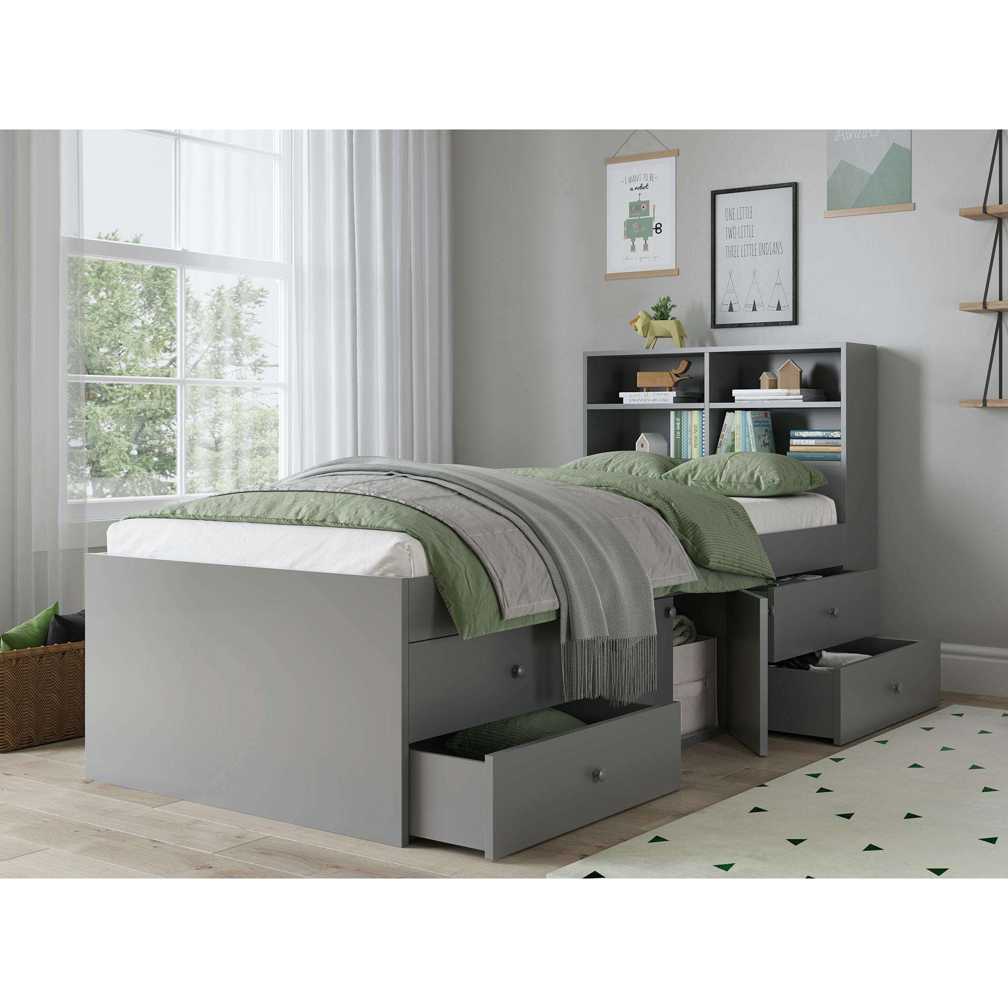 Kudl - Cabin Bed - Single - Grey - 2 Door 4 Drawer with Bookcase Headboard - Image 2