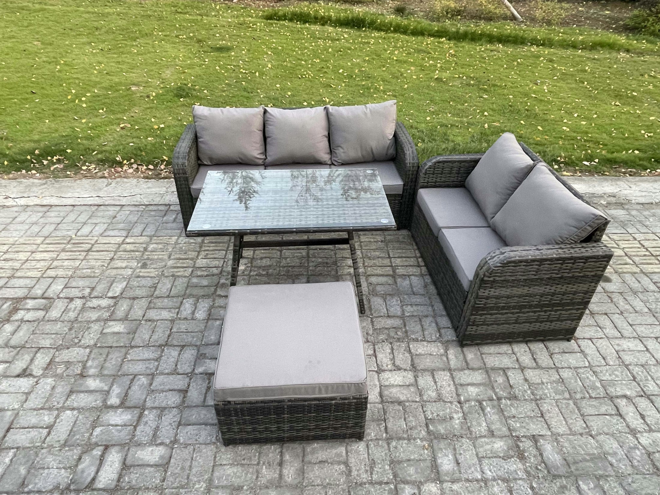 Rackhams Dark/Grey High Back Pe Rattan Sofa Set Outdoor Garden Furniture Dining Table Set Love Sofa 3 Seater Sofa Big Footstool