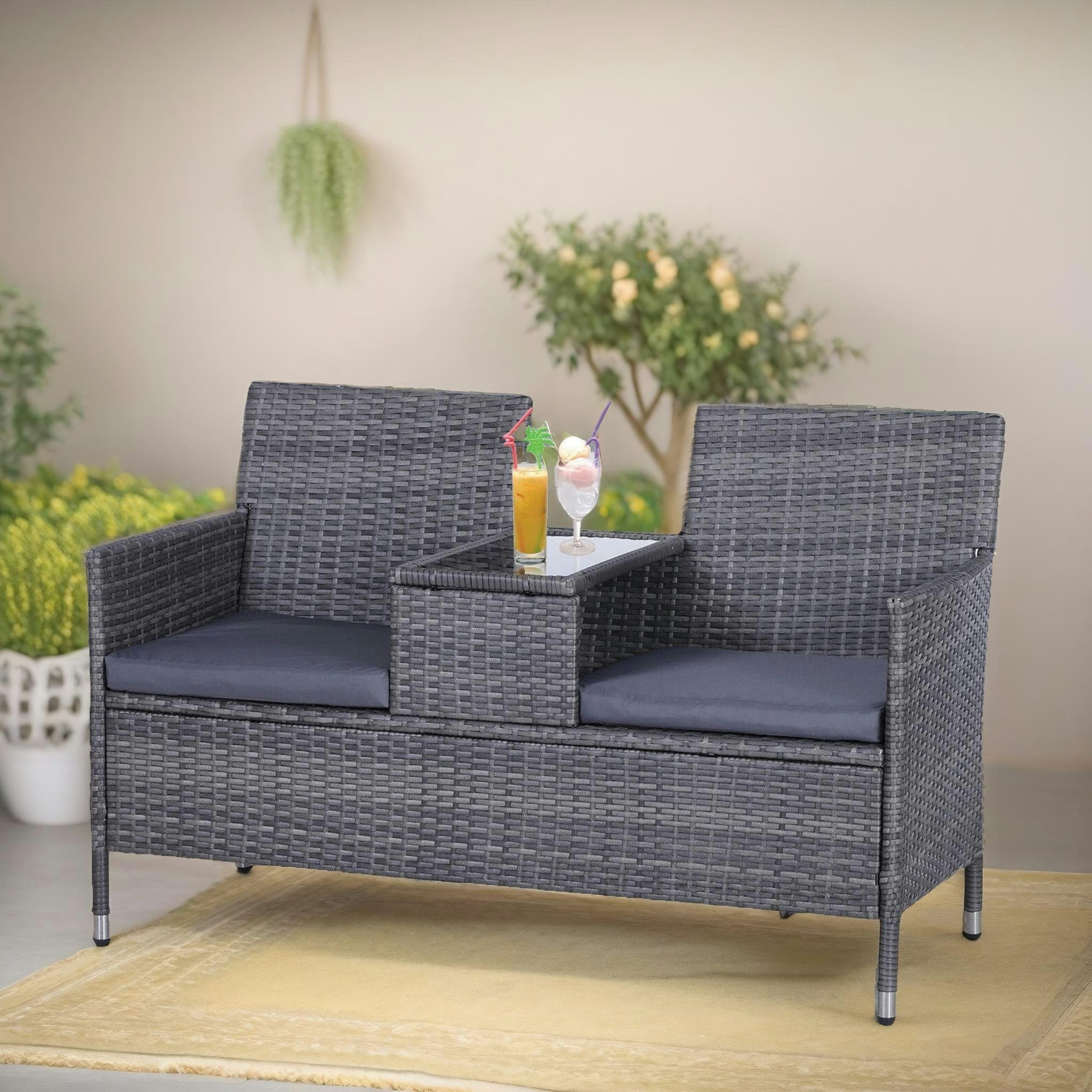 Rafaelo Mobilia Black Polyrattan 2 Seater Outdoor Bench With Padded Cushions