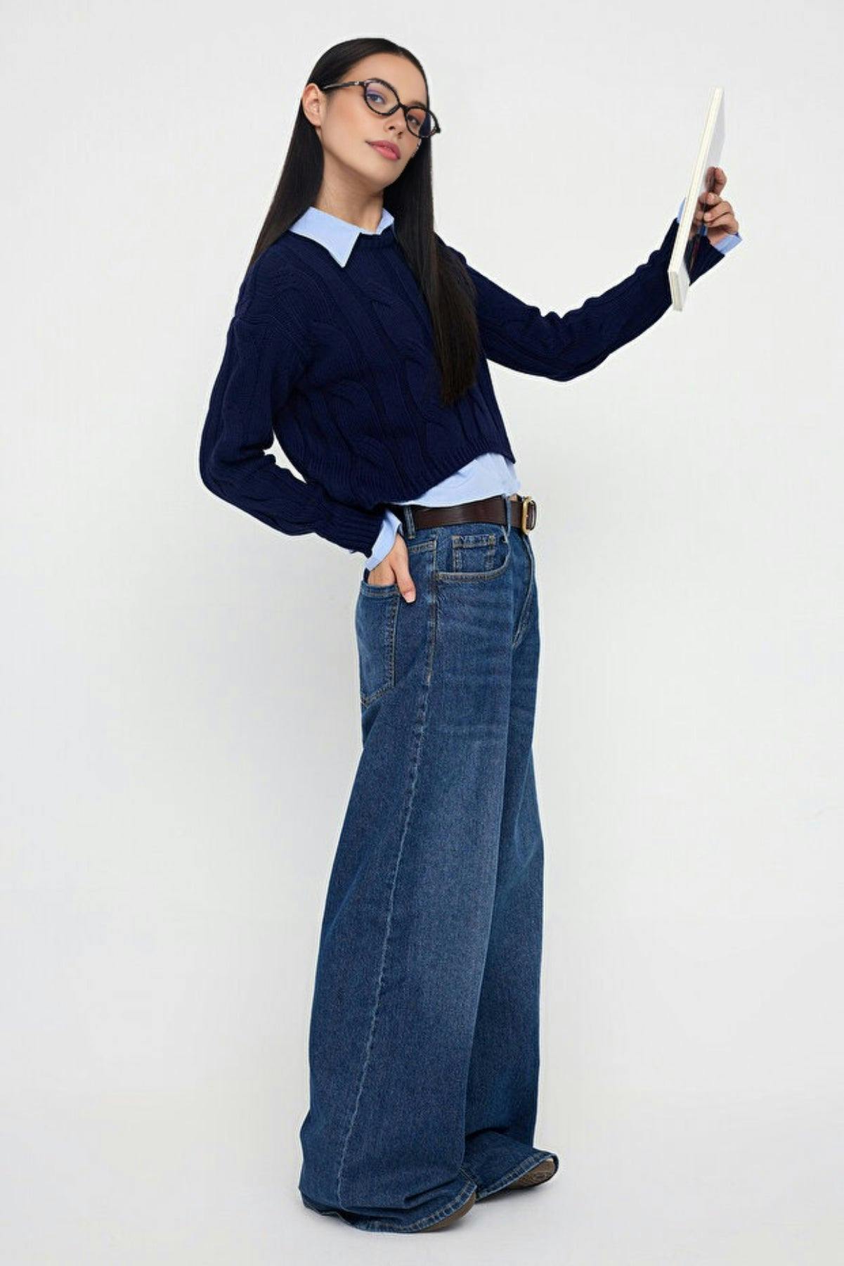 Wovcor Cropped Knit Sweater With Shirt Panel Detail - Navy - M