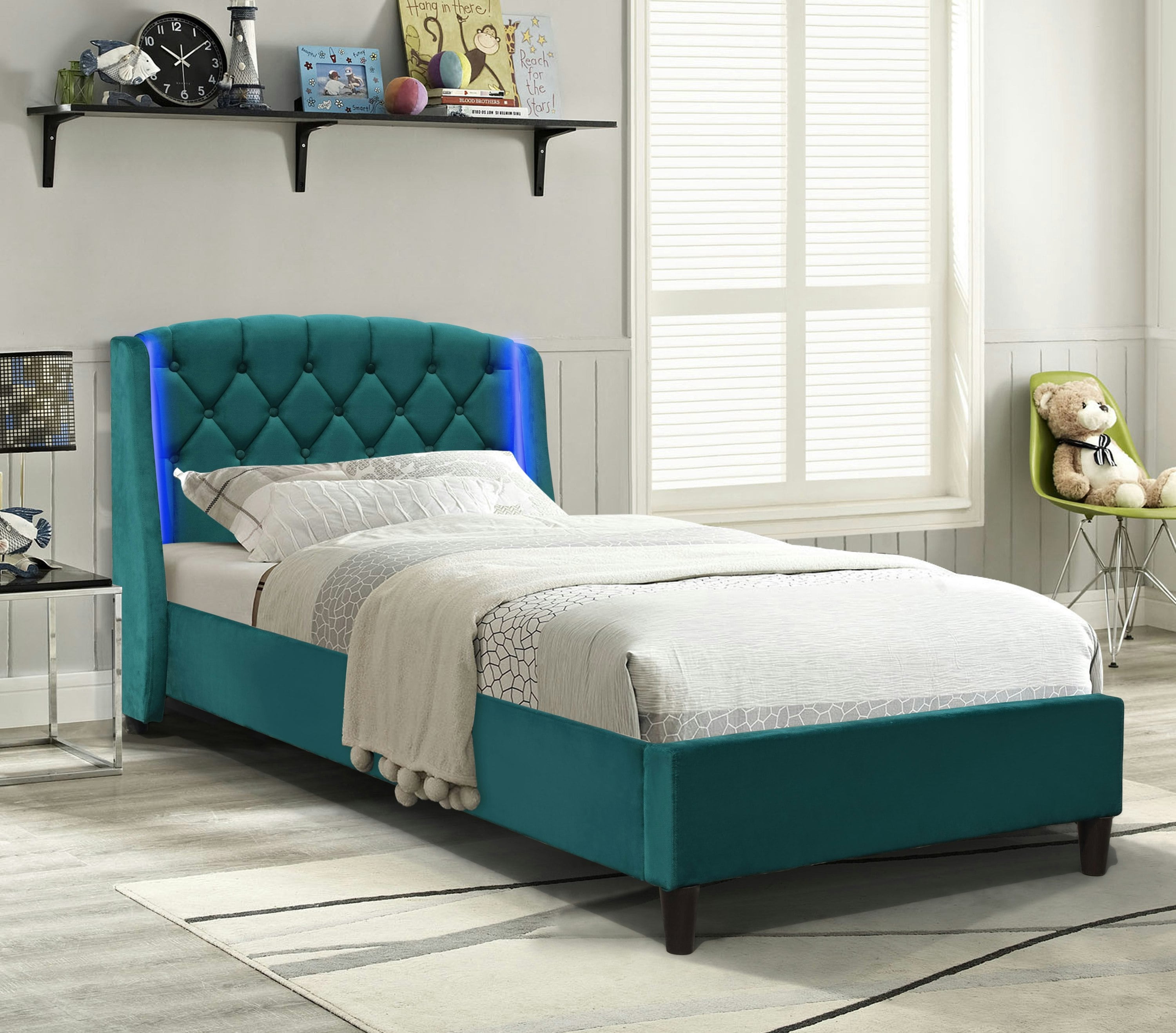 Comfy Living Grey/Green Fabric Bedframe With Led Headboard 3Ft 4Ft6 5Ft Bedroom Furniture - Single