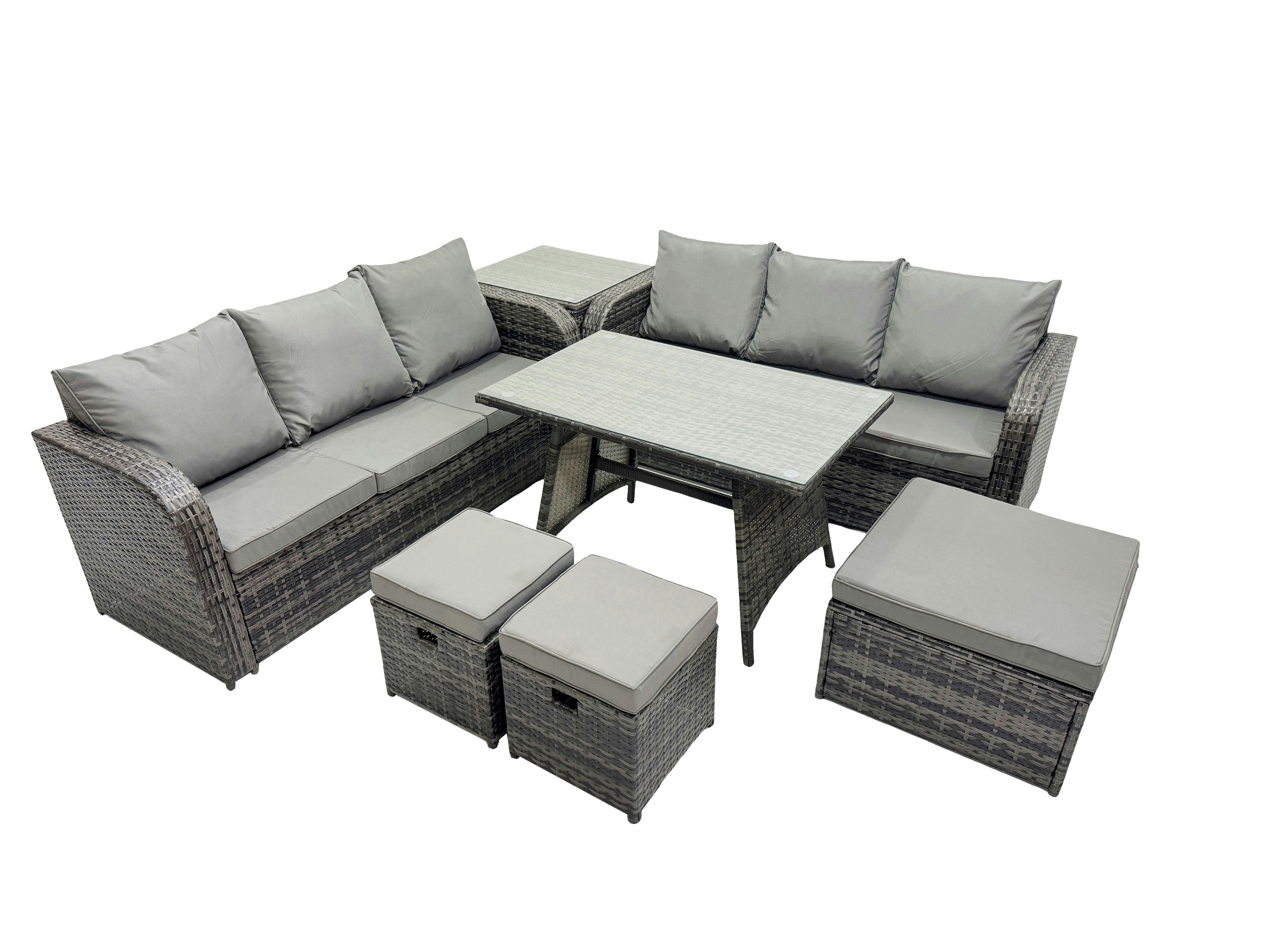 Fimous Dark/Grey Garden Rattan Outdoor Furniture Set 9 Seater With 3 Seater Sofa 3 Stools Side Table