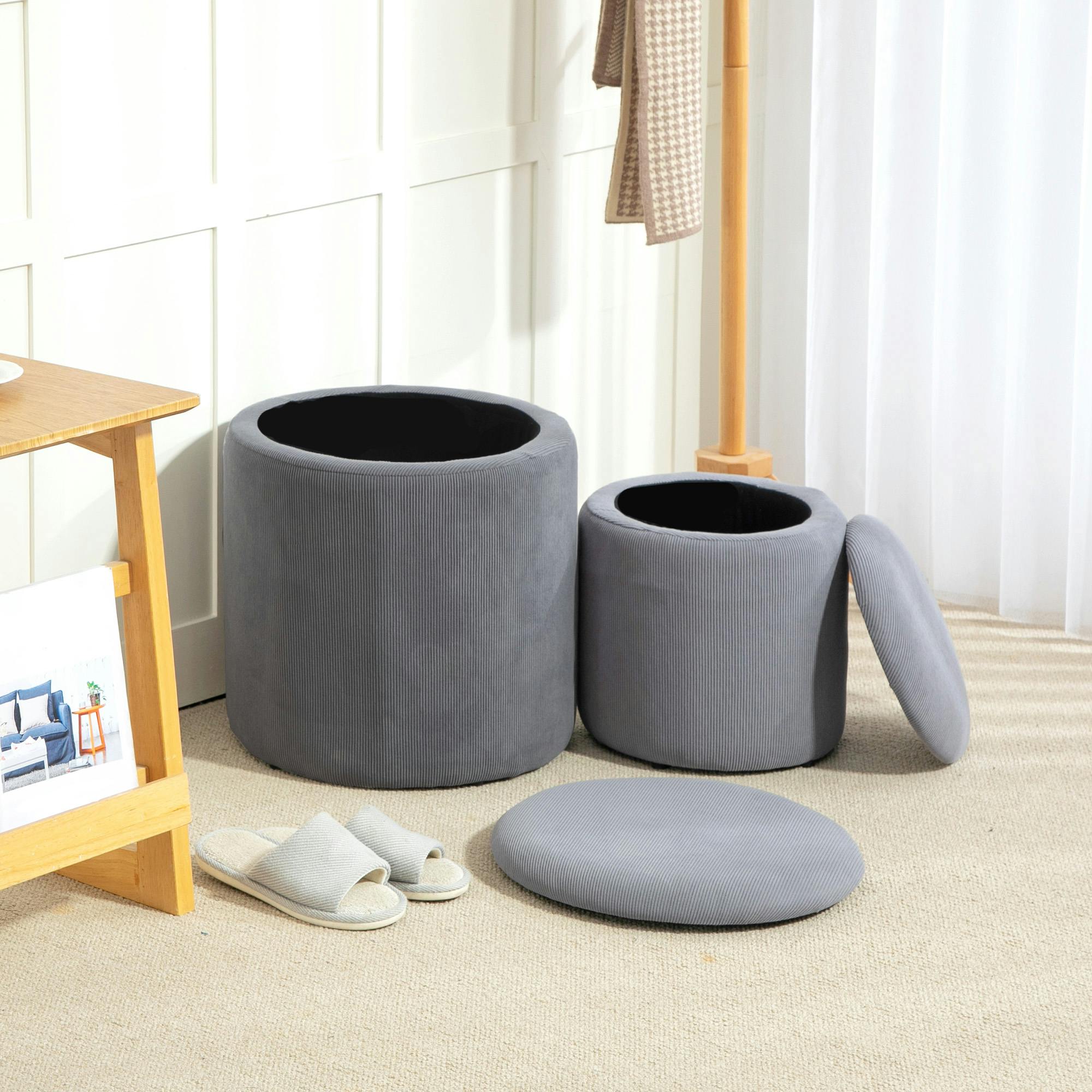 Rackhams Light/Grey Fabric Storage Ottoman With Removable Lid, Set Of 2