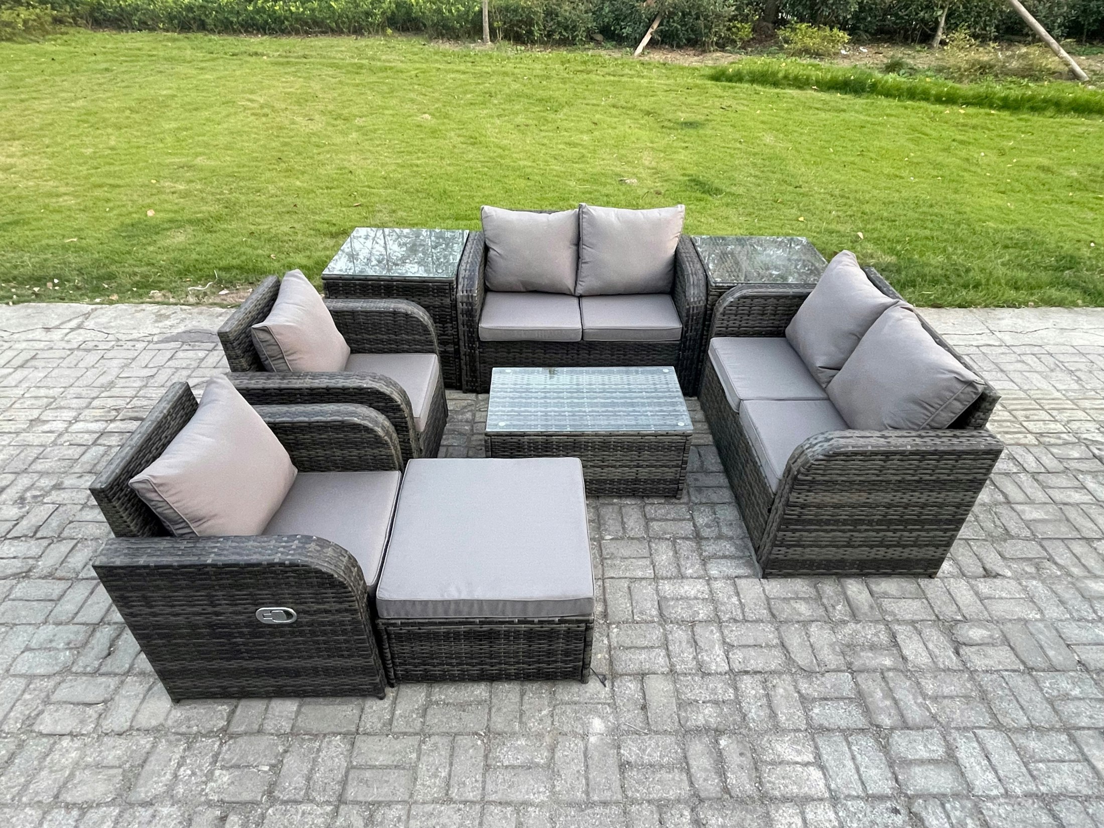 Rackhams Dark/Grey 7 Seater Mixed Rattan Outdoor Lounge Set - Rectangular Coffee Table, Big Footstool, Loveseat & 2 Side Tables