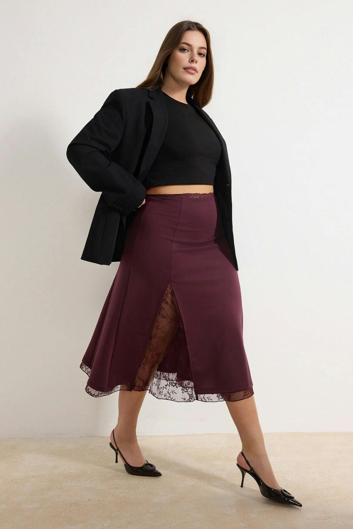 Wovcor Lace Slit Detail Midi Knitted Plus Size Skirt - Plum - 3XL