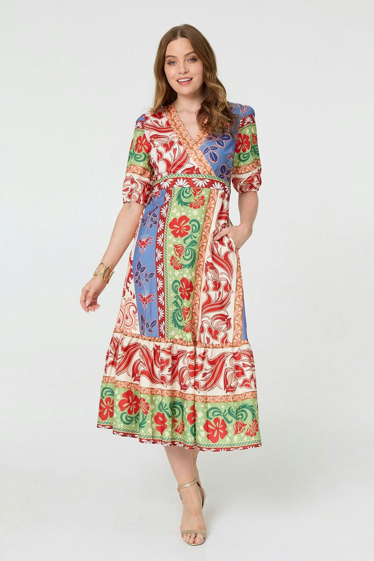 Izabel London Printed 1/2 Sleeve V-Neck Midi Dress - 8