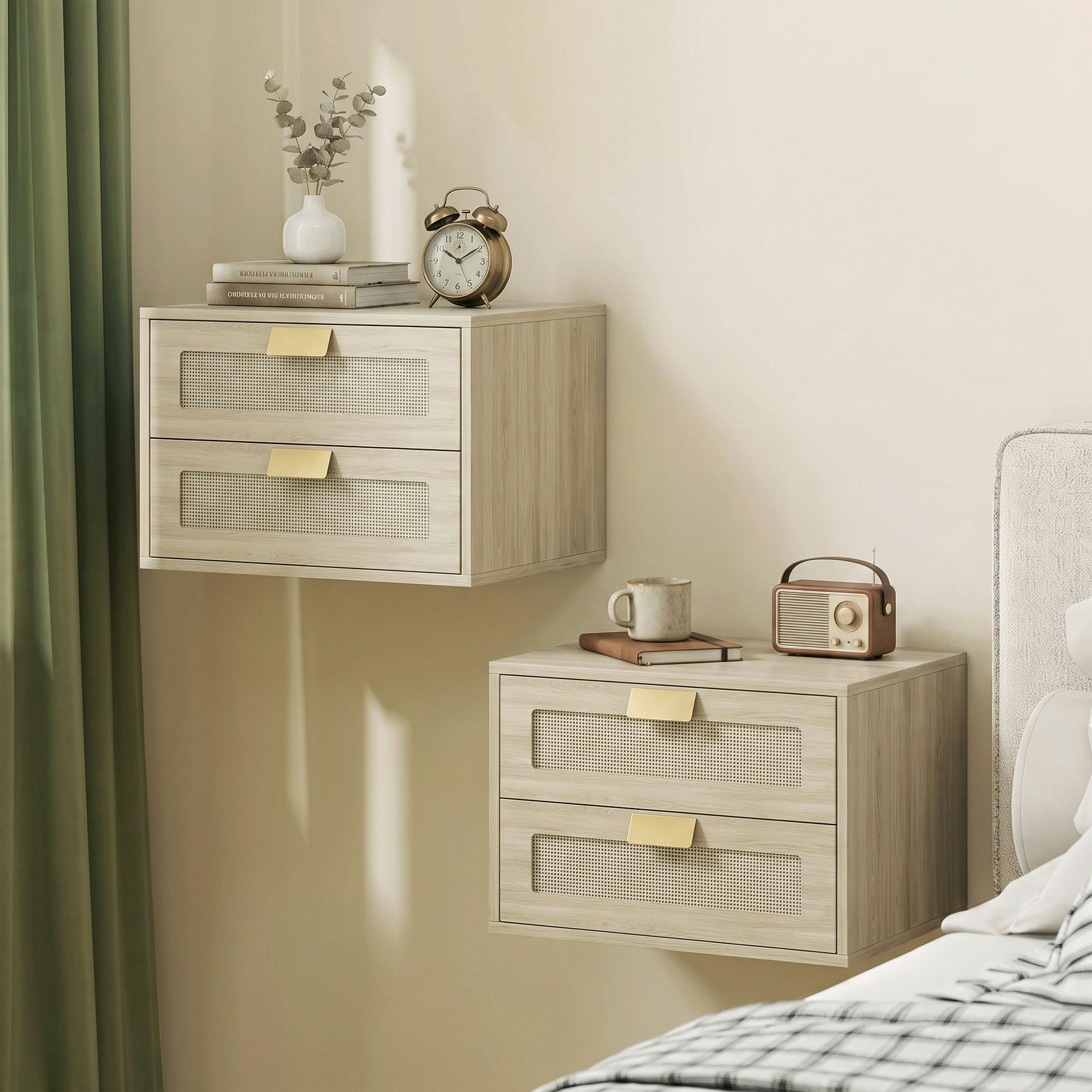 Rackhams Modern Floating Nightstands Set Of 2, 2 Drawers Bedside Tables, Oak