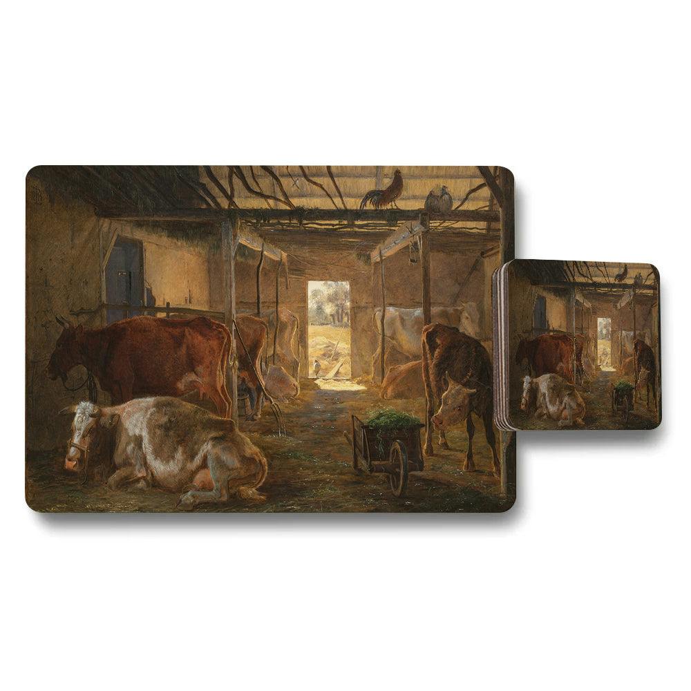 Benjamin Tate Design Golden Farmhouse Cow Painting Placemats And Coasters Set Barn Scene