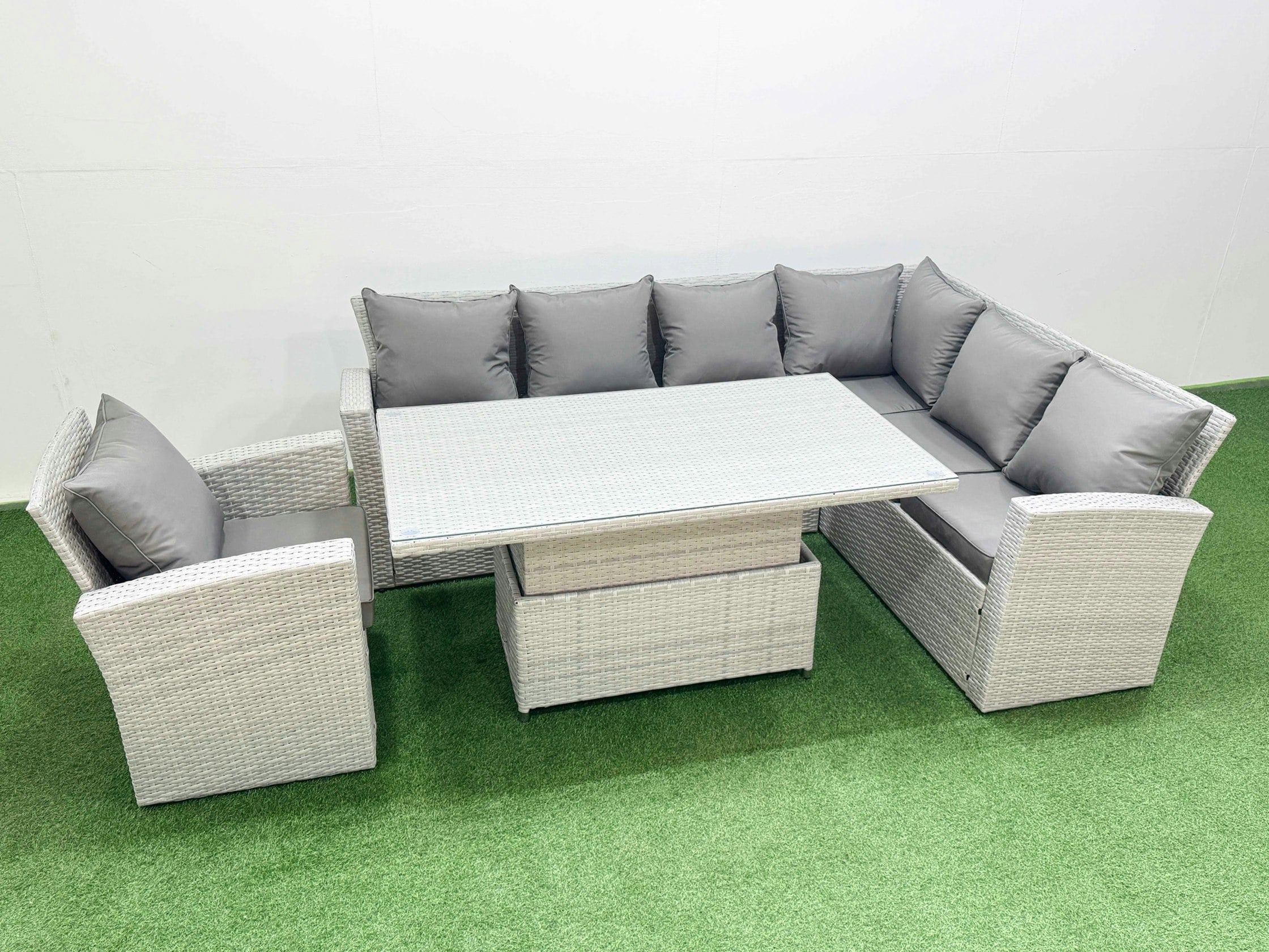 Rackhams Light/Grey 7 Seat Rattan Garden Furniture Corner Sofa Set Outdoor Adjustable Lifting Dining Or Coffee Table Set With Armchair