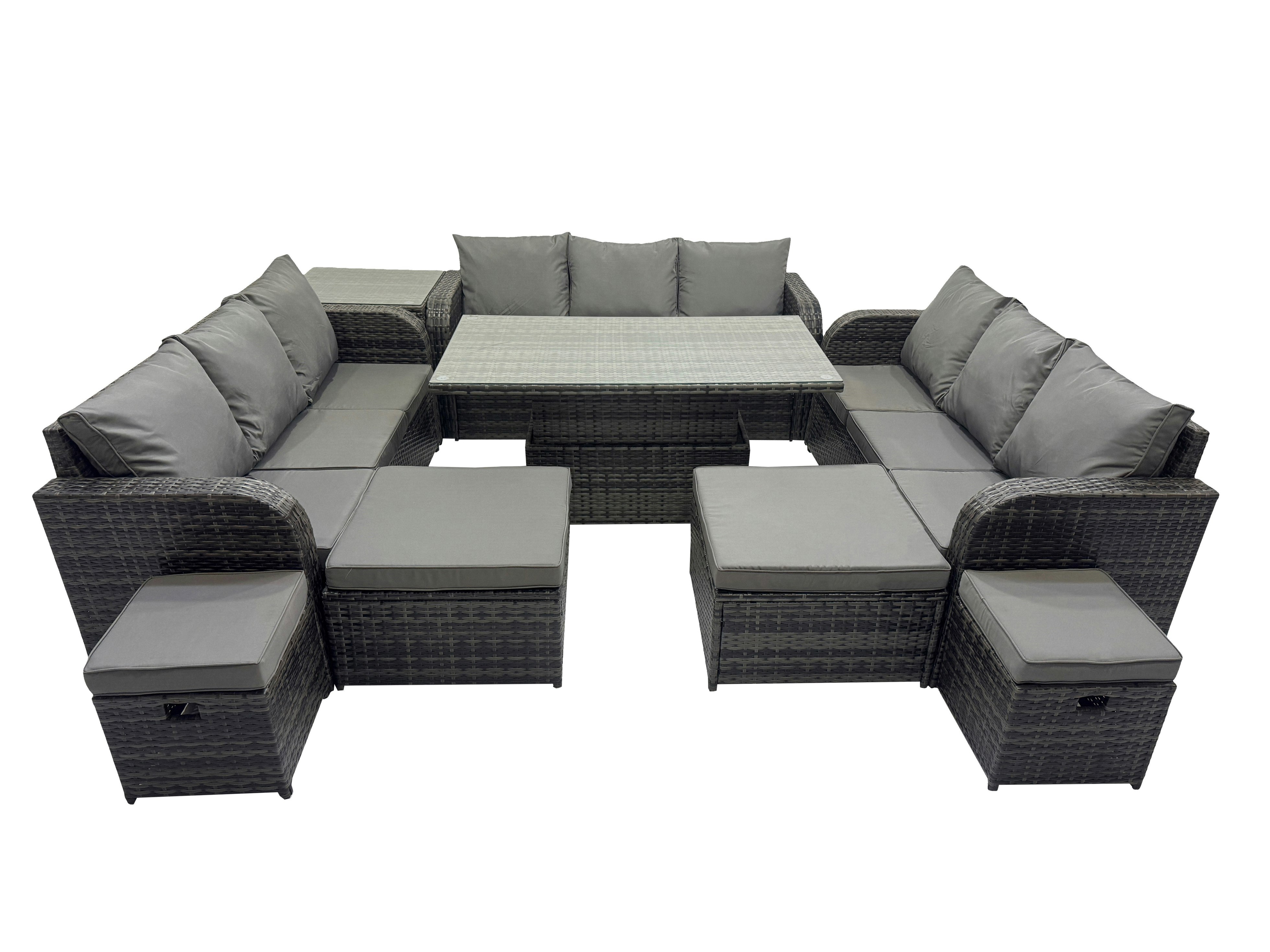 Fimous Dark/Grey Rattan Garden Furniture Dining Set 13 Seater Patio Height Adjustable Rising Lifting Table Sofa Set With Side Table Mixed