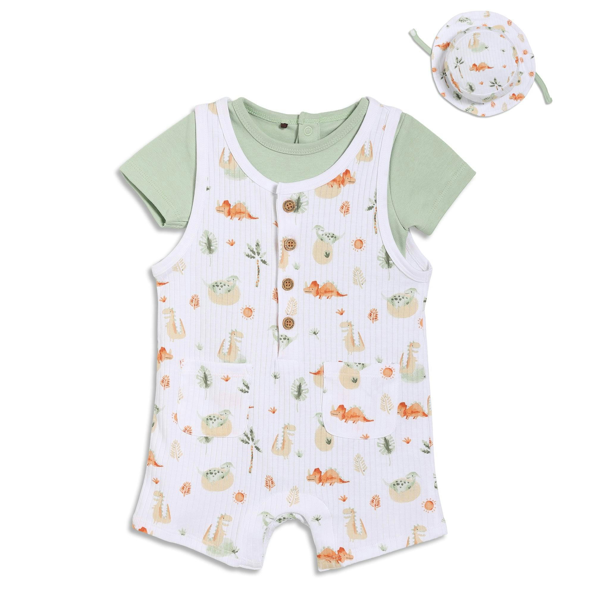 Mini Cuddles Men's Baby Boys Dinosaur Printed Dungaree Set With Matching Cap, Multicolour - 0-3 Months