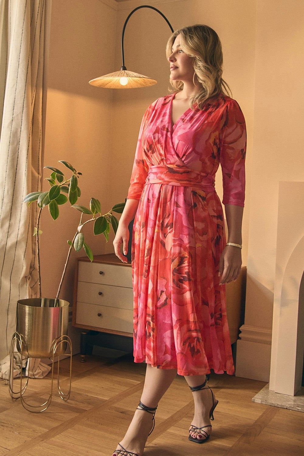 Izabel London Orange Floral Mesh Ruched Midi Faux Wrap Dress - 18