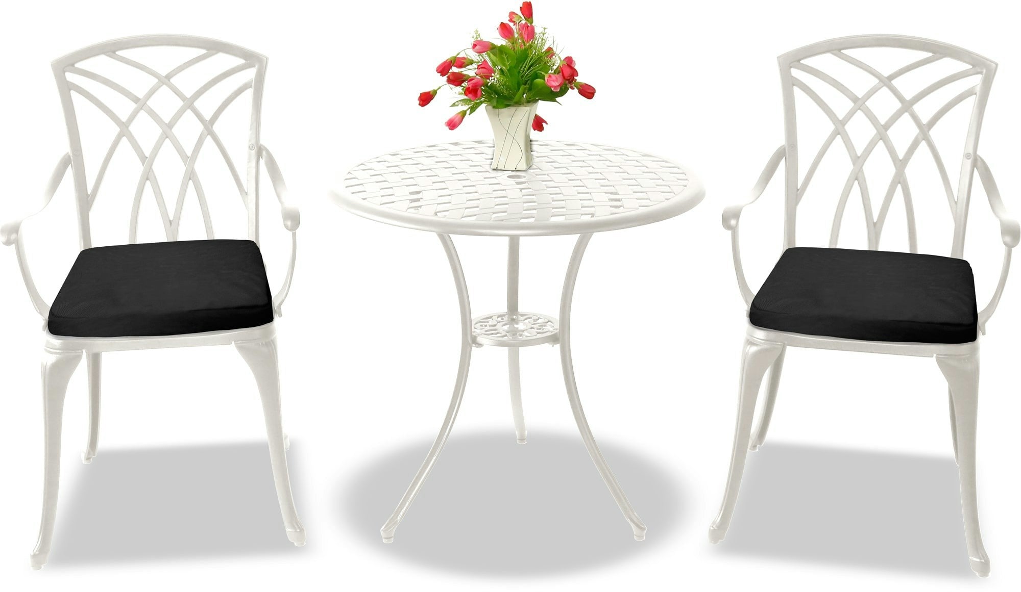 Rackhams White/Black Oshowa Luxurious Garden And Patio Table And 2 Large Chairs With Armrests Cast Aluminium Bistro Set - With Cushions