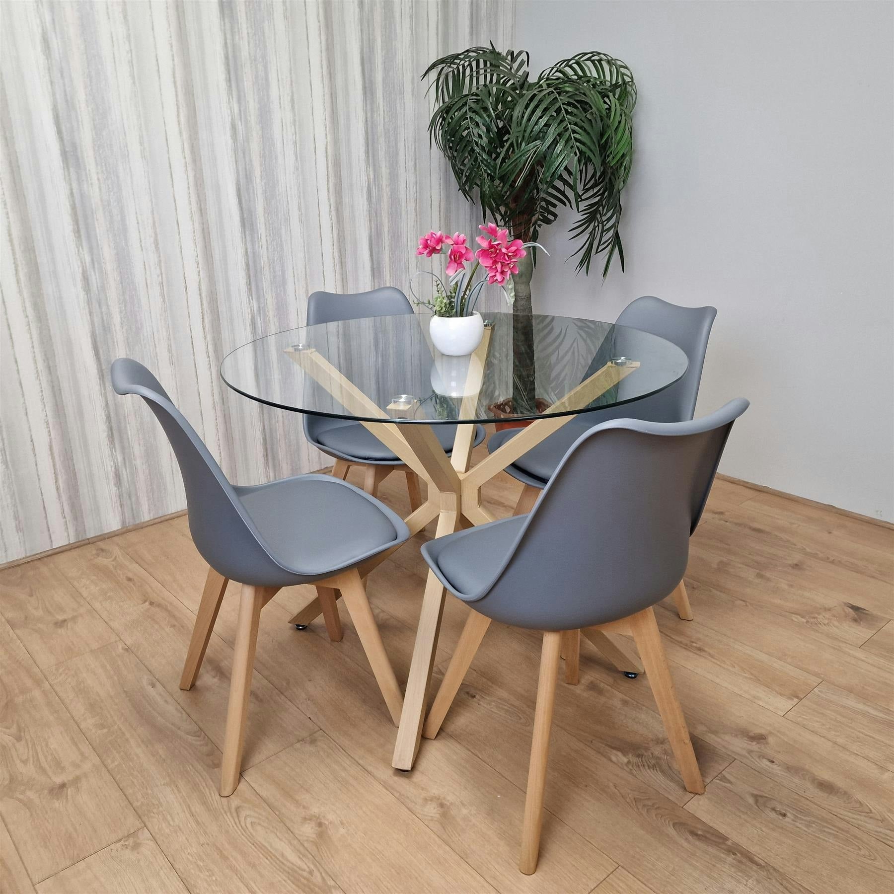 Portland 4 Seater Round Dining Table Set - Oak Effect & Grey Glass Top - Metal Legs - Image 6