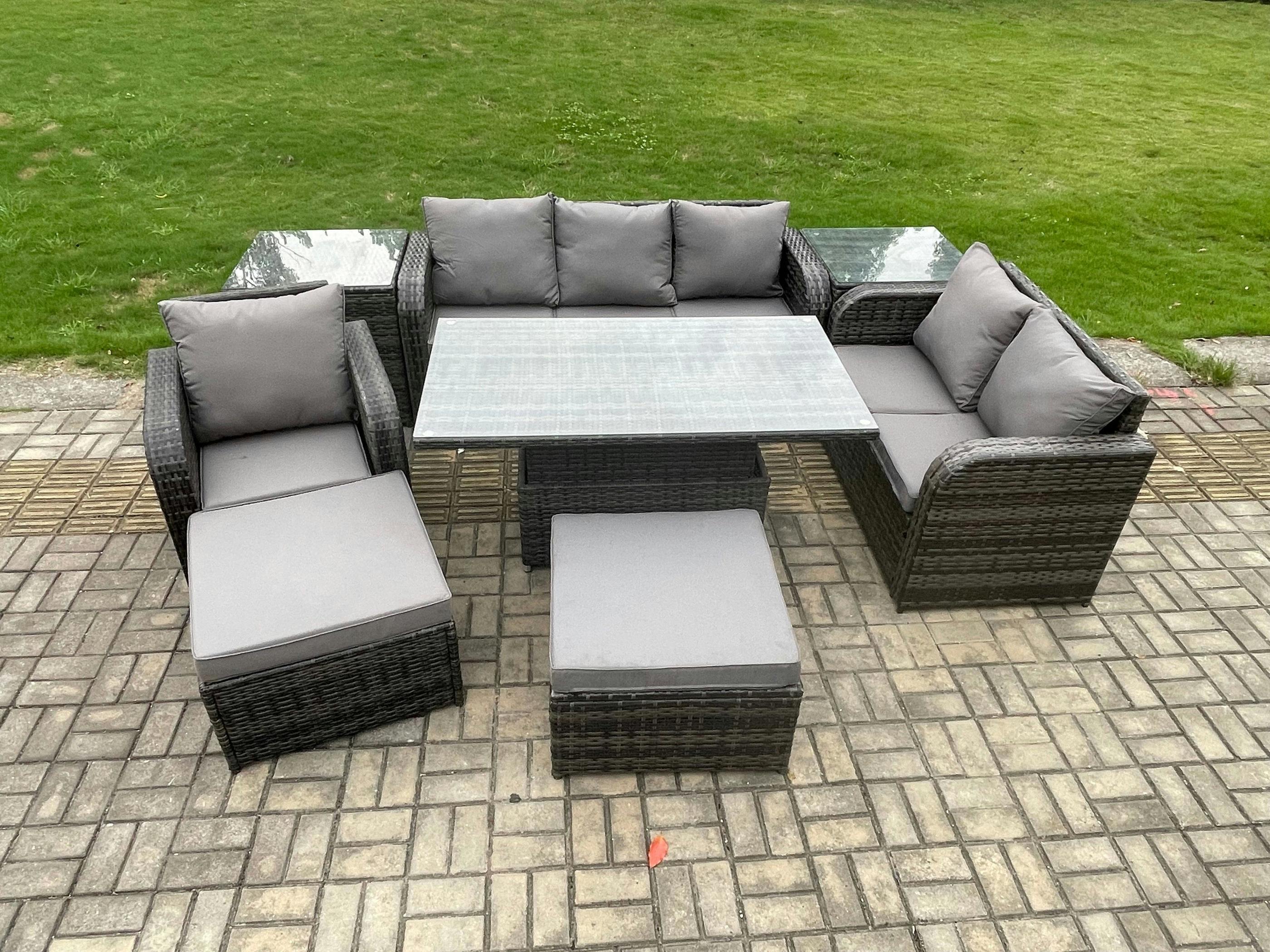 Fimous Dark/Grey 8 Seater Rattan Garden Furniture Set With Adjustable Dining Table, 2 Sofas, 1 Reclining Chair, 2 Footstools & 2 Side Tables