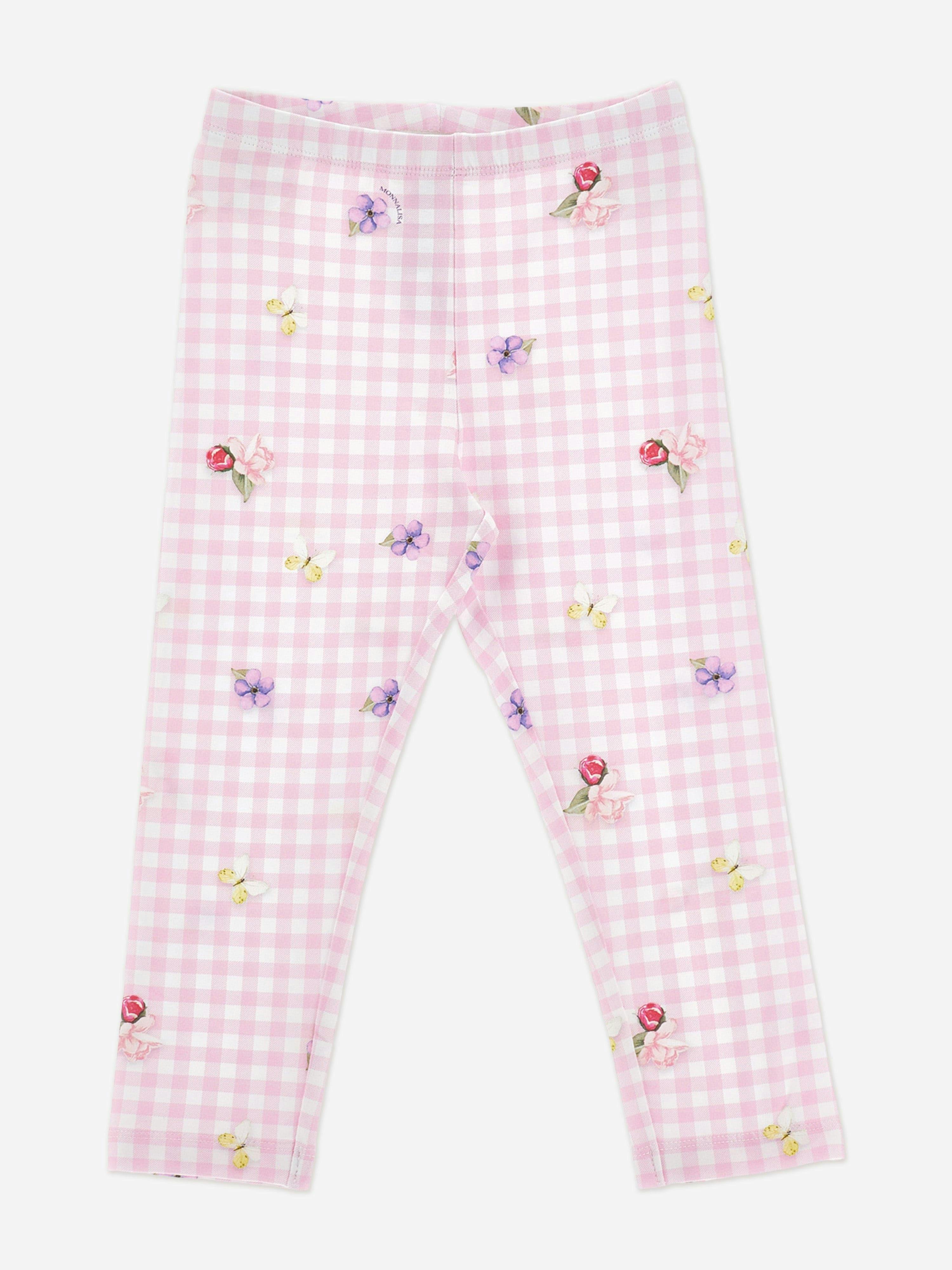 Monnalisa Girls Pink Gingham Flower Leggings In - 10 Yrs
