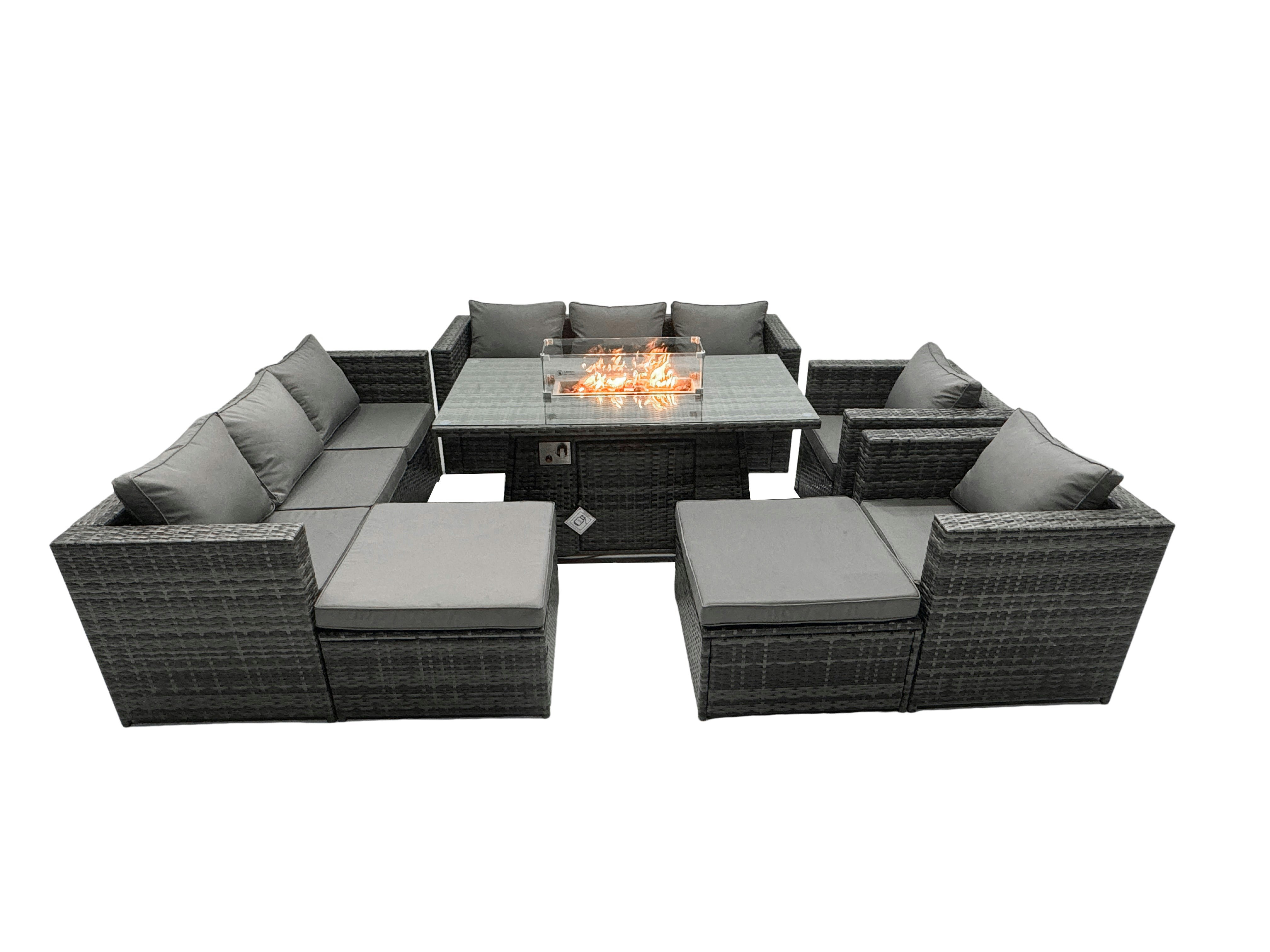 Rackhams Dark/Grey Rattan Garden Furniture Firepit Dining Set Seater Lounge Sofa Table Set With 2 Big Footstool Size 10