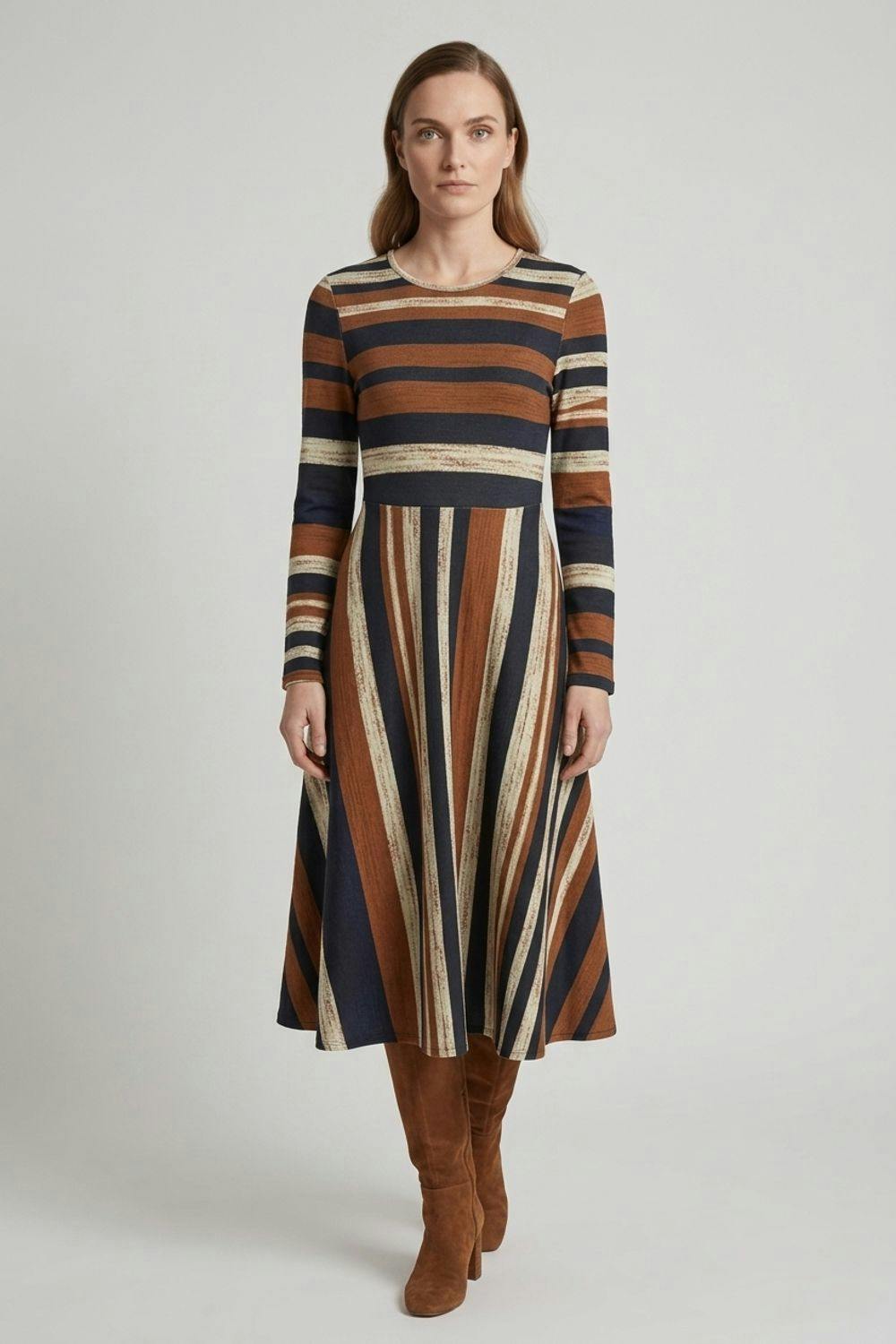 Izabel London Brown Striped Long Sleeve A-Line Midi Dress - 12