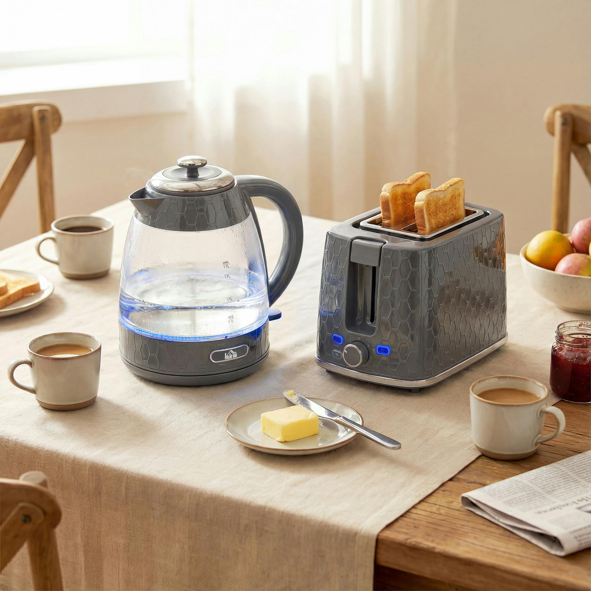 Homcom Grey Kettle And Toaster Set With Limescale Filter, Crumb Tray - Kettle And Toaster Set