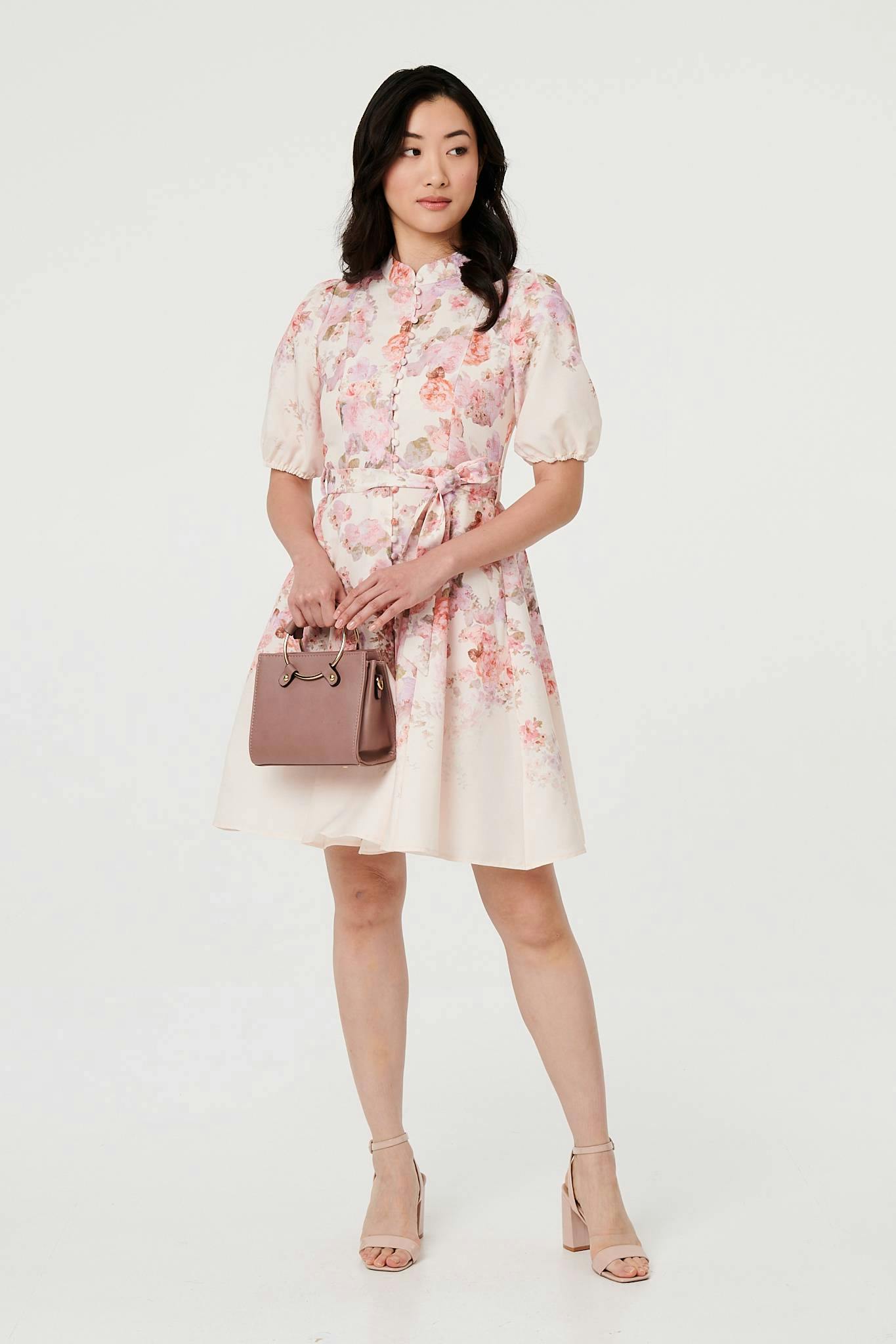 Izabel London Pink Floral Knee Length Tie Waist Dress - 14