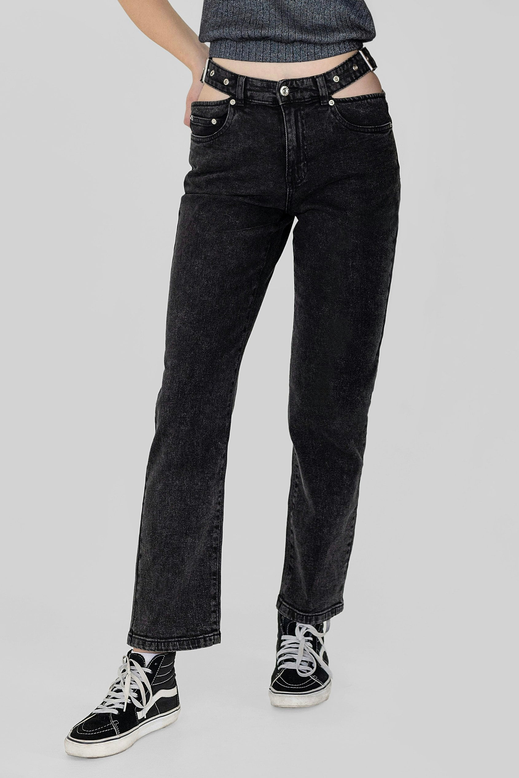 Enorsia Black Wide-Leg Comfort Jeans With Waist Cut-Outs - 18 - 99% Cotton, 1% Spandex