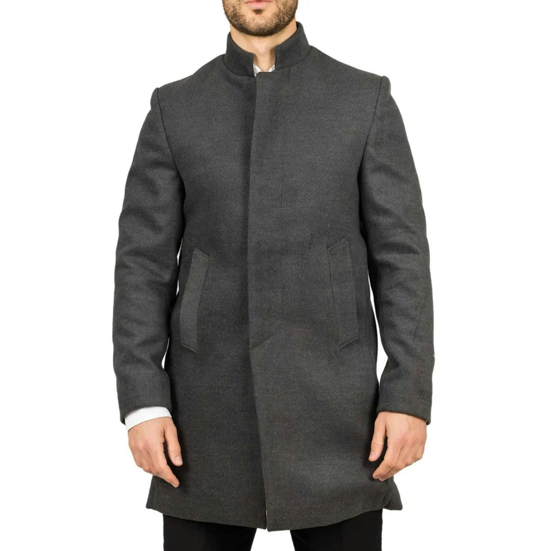 Truclothing Men's Grey Stand Collar Wool Blend Overcoat - 3XL