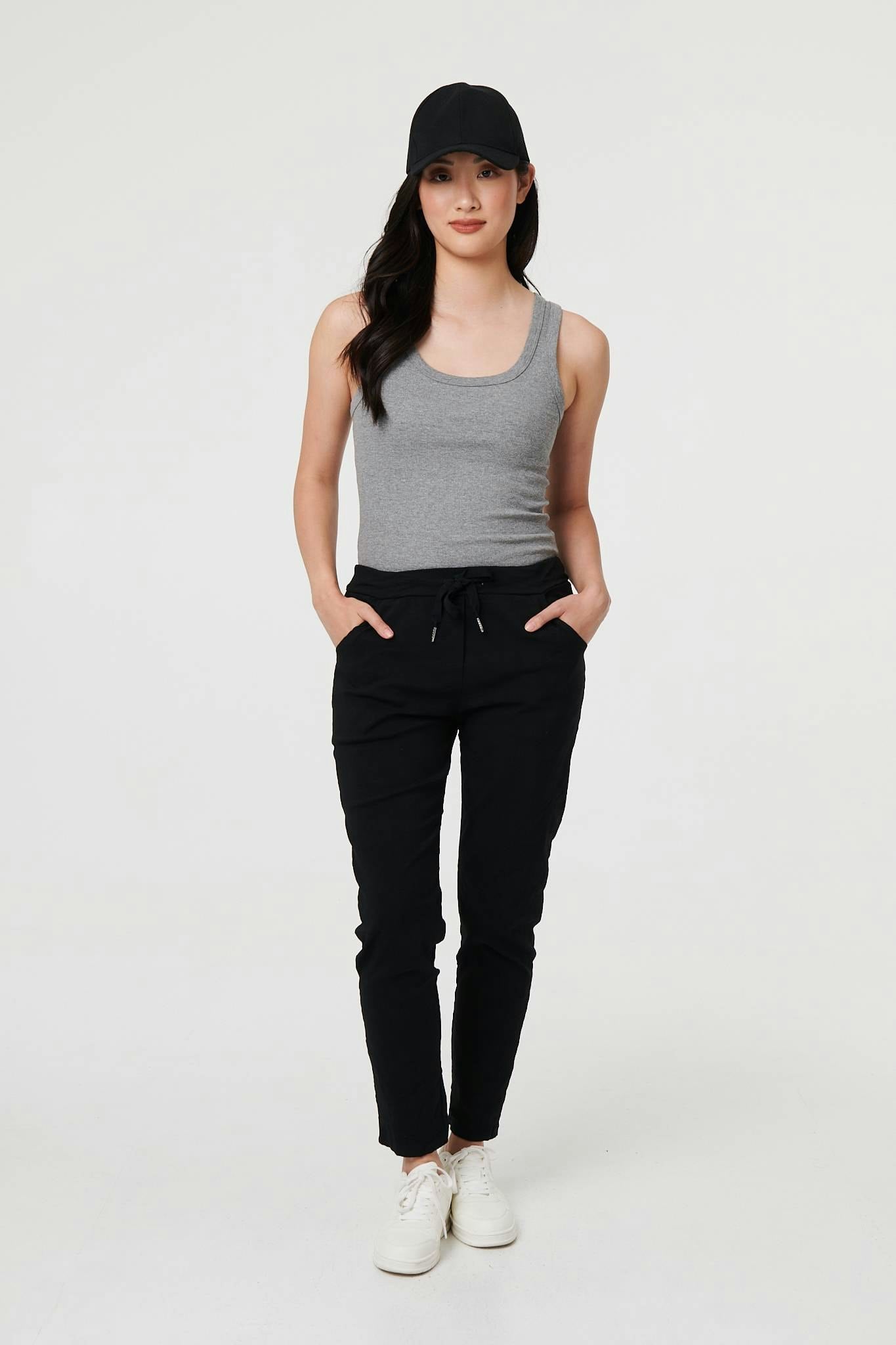 Izabel London Women's Black Drawstring Tie Waist Tapered Trousers - 10
