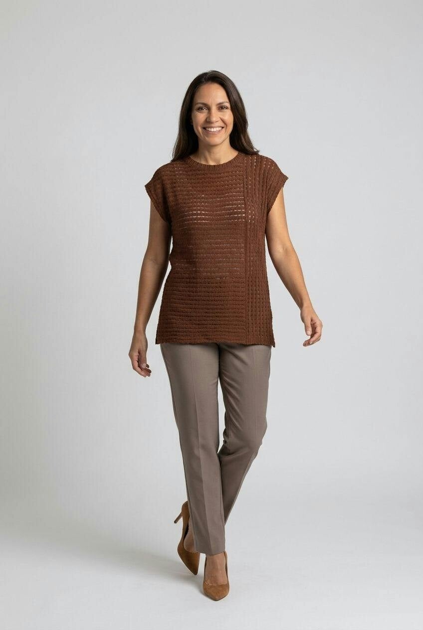 Izabel London Brown Sheer Mesh Texture Cap Sleeve Top - 8