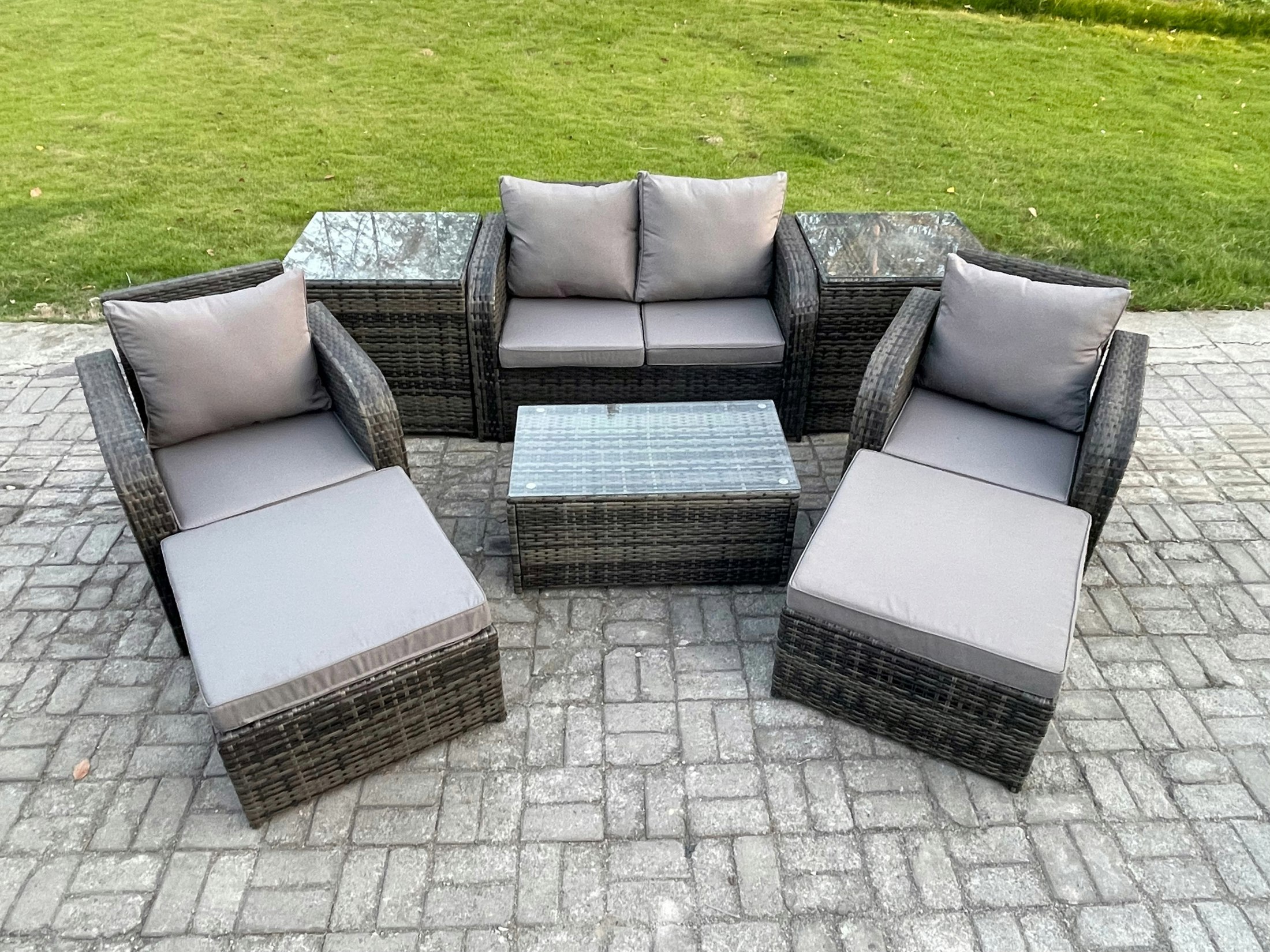 Fimous Dark/Grey 6 Seater Outdoor Lounge Sofa Set Rattan Garden Furniture Set With Rectangular Coffee Table 2 Big Footstool 2 Side Tables Mixed