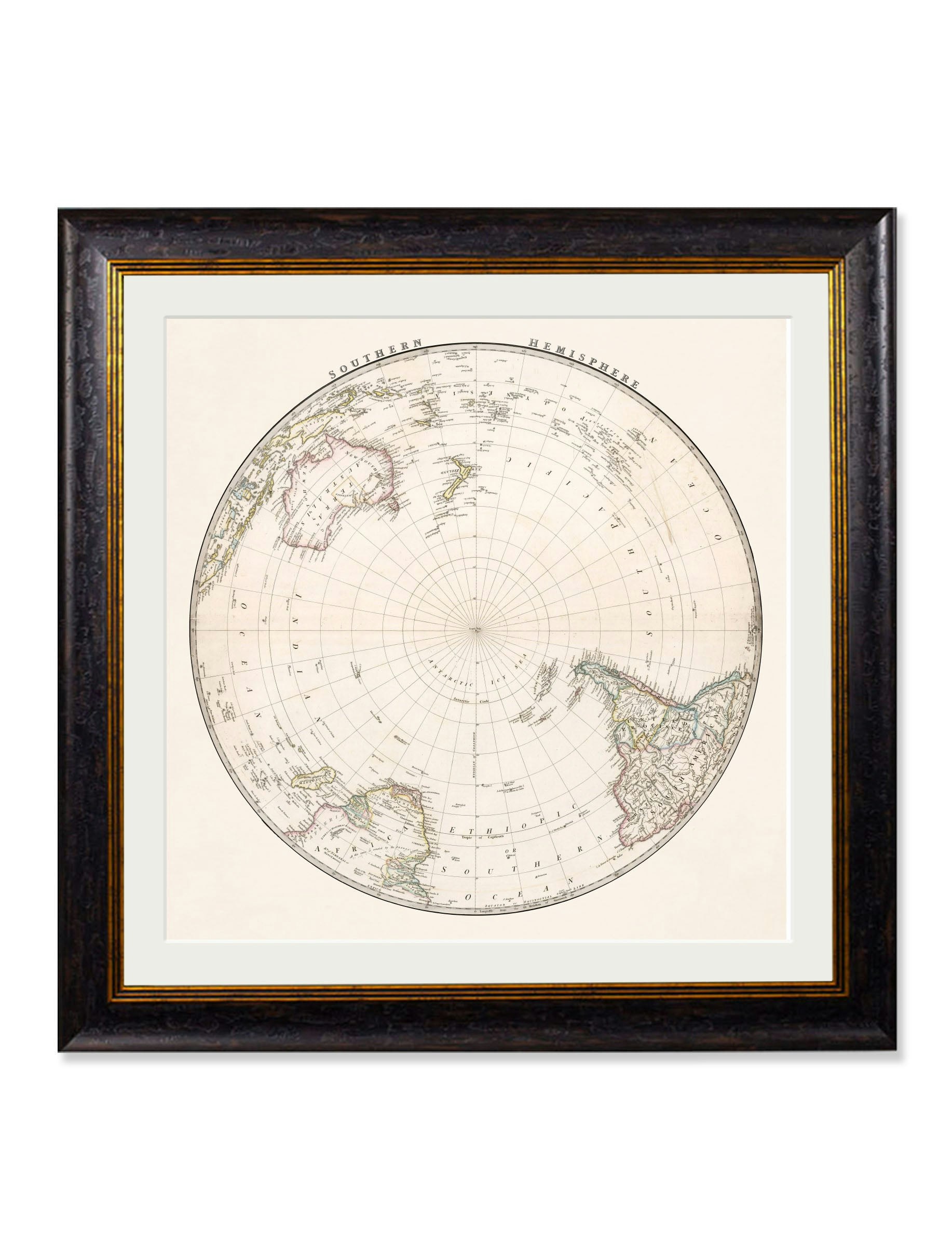 Rackhams Black C.1838 World Map Hemispheres - 96 X 96Cm - Southern Hemisphere
