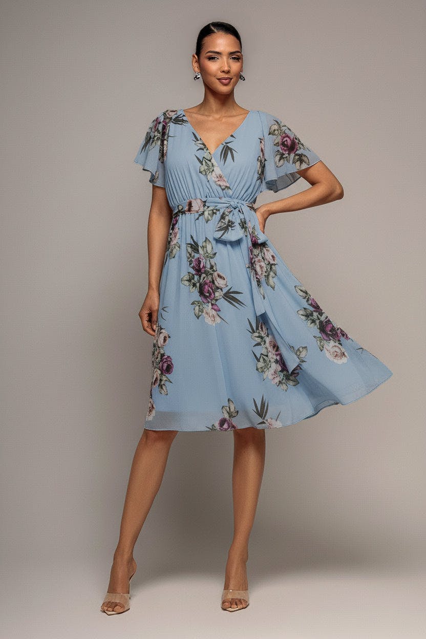 Goddiva Blue Sustainable Floral Print Midi Wrap Dress With Flutter Sleeves - Airforce By - Airforce - 12