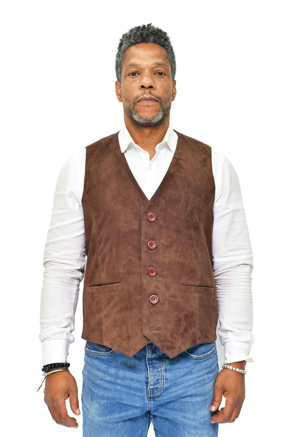 Infinity Leather Men's Brown Classic Goat Suede Leather Waistcoat-Norwich - Uk Xs | Eu 44 | Us 34