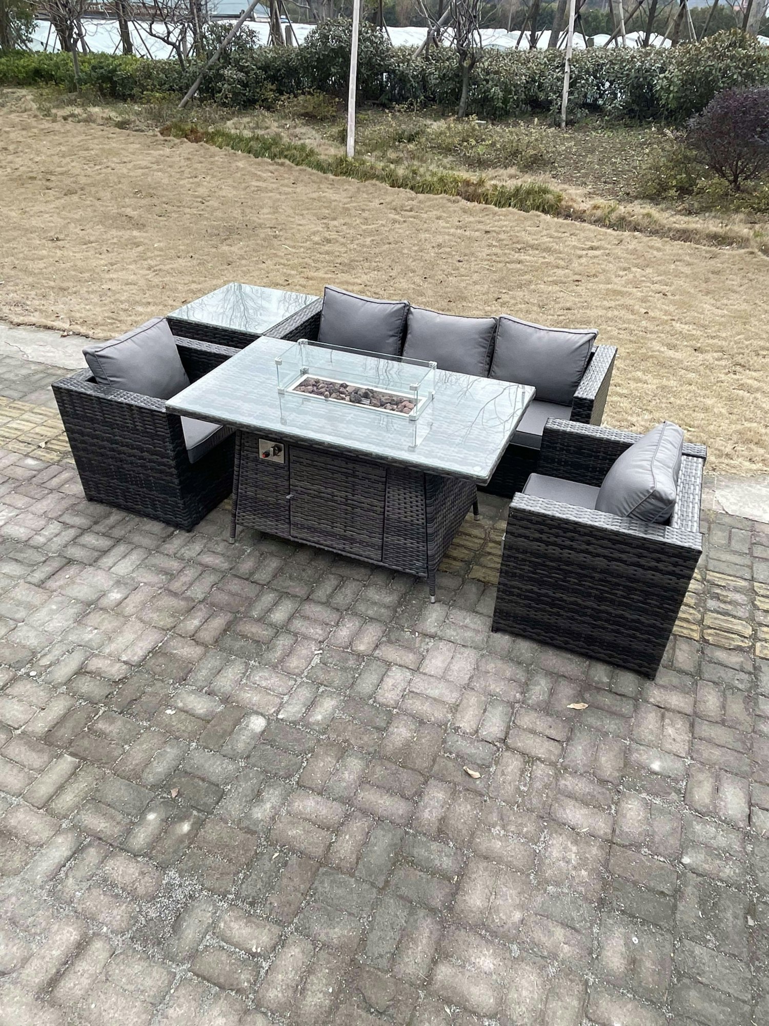 Rackhams Dark/Grey Outdoor Pe Rattan Garden Furniture Gas Fire Pit Dining Table Armchairs With Side Coffee Table Mixed