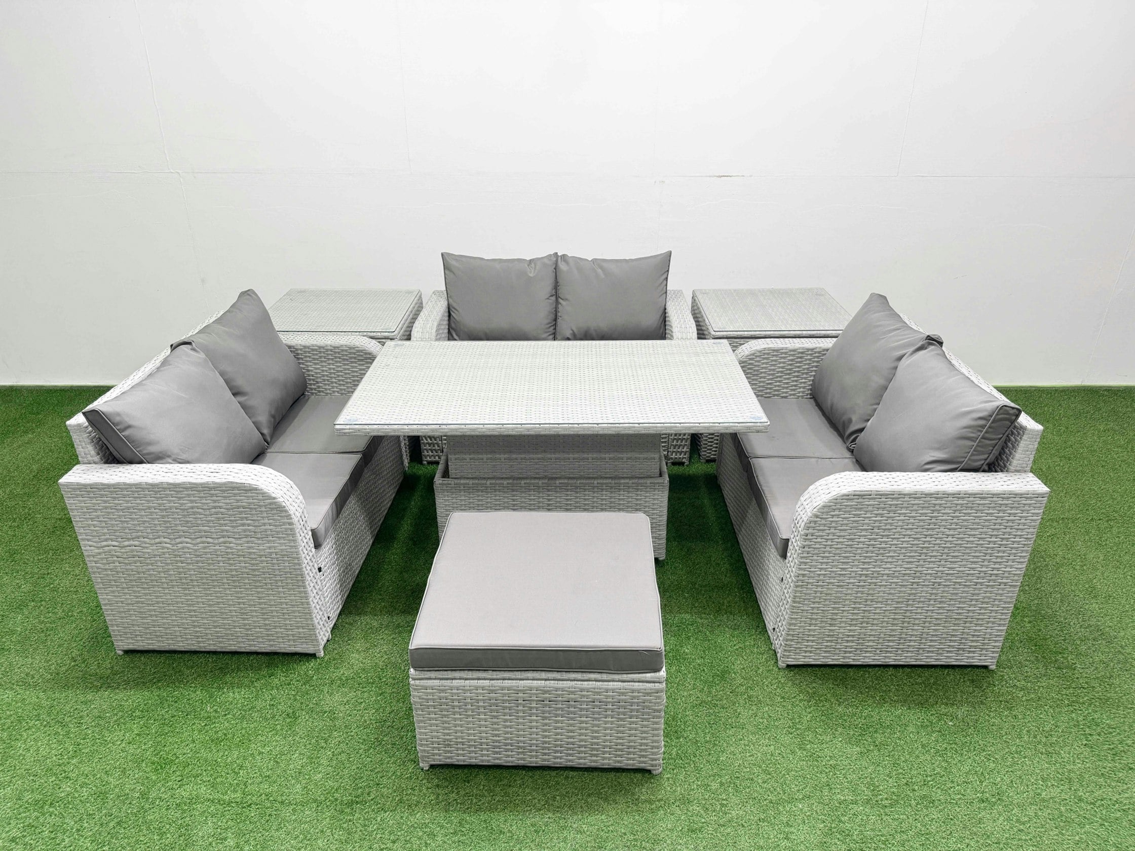 Fimous Light/Grey 7 Seater Pe Wicker Rattan Sofa Set - Adjustable Lifting Dining/Coffee Table, 2-Seater Loveseat & Footstool