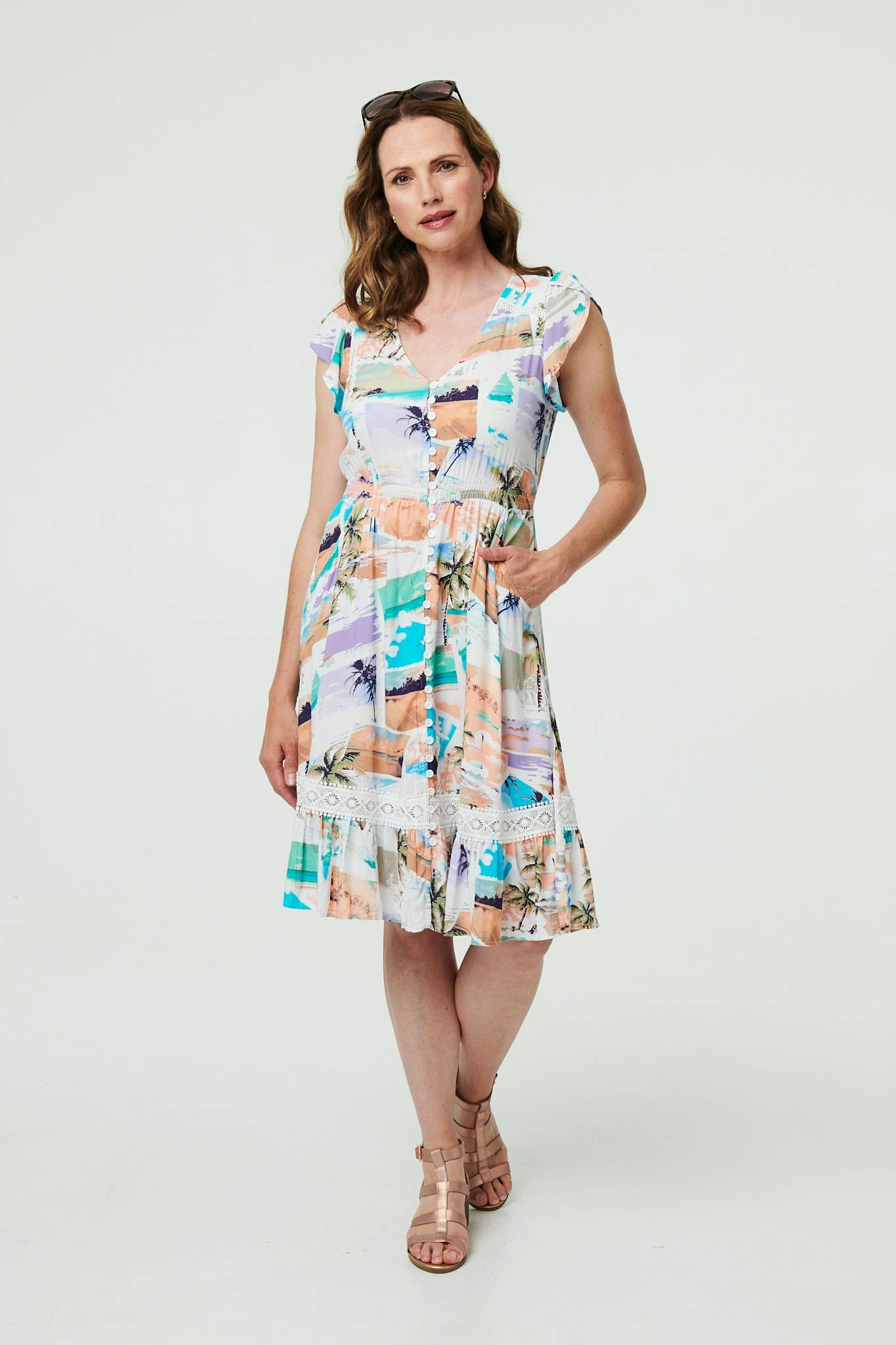 Izabel London White Patchwork Print Lace Knee Length Dress - Size 16