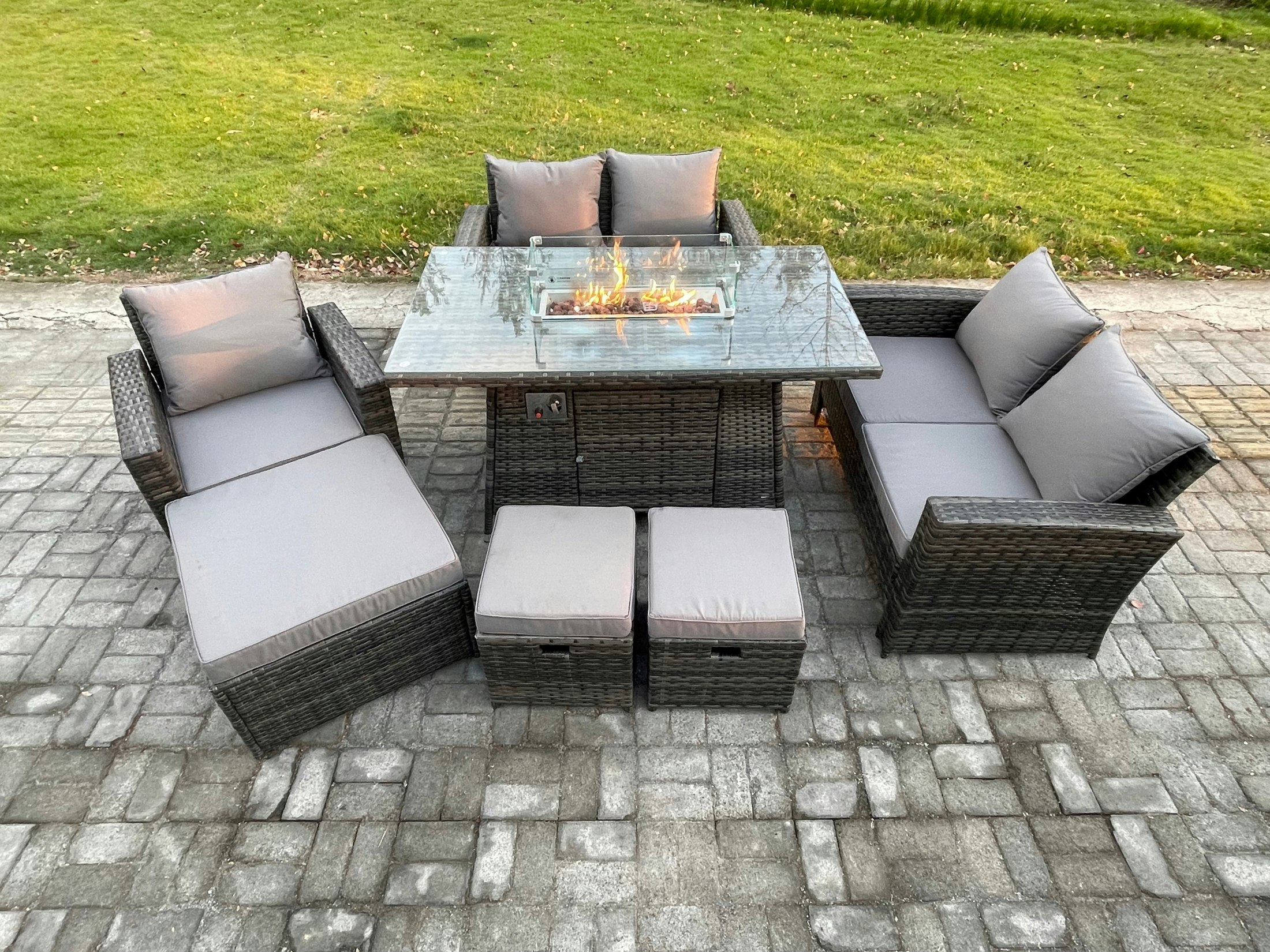 Fimous Dark/Grey 8 Seater Rattan Outdoor Garden Furniture Gas Fire Pit Table Sets Gas Heater With Love Sofa Armchair 3 Footstools Mixed