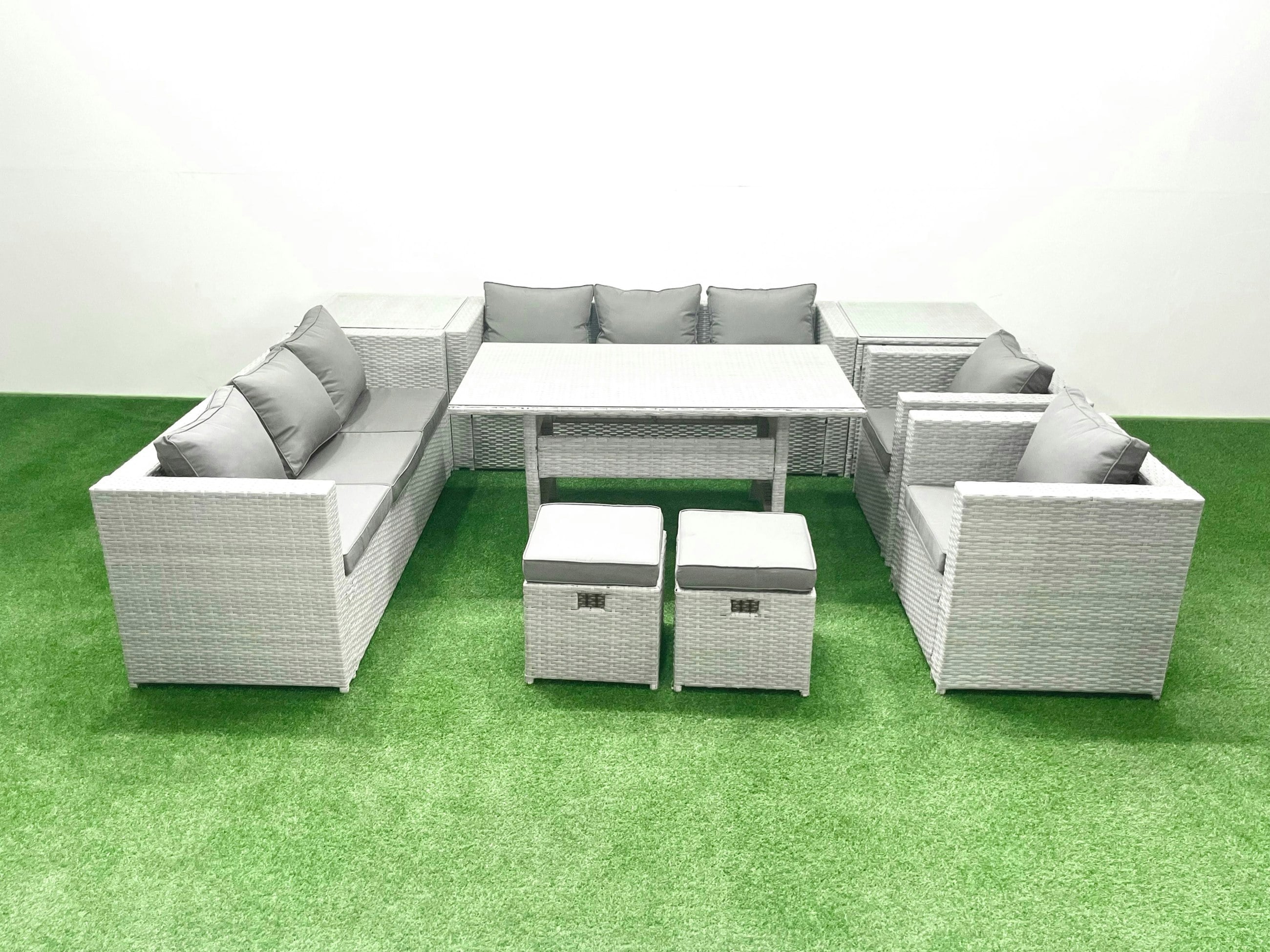 Rackhams Light/Grey 8 Seater Rattan Garden Furniture Set - Mixed Patio Dining Sofa Set With Dining Table, 2 Chairs & 2 Footstools