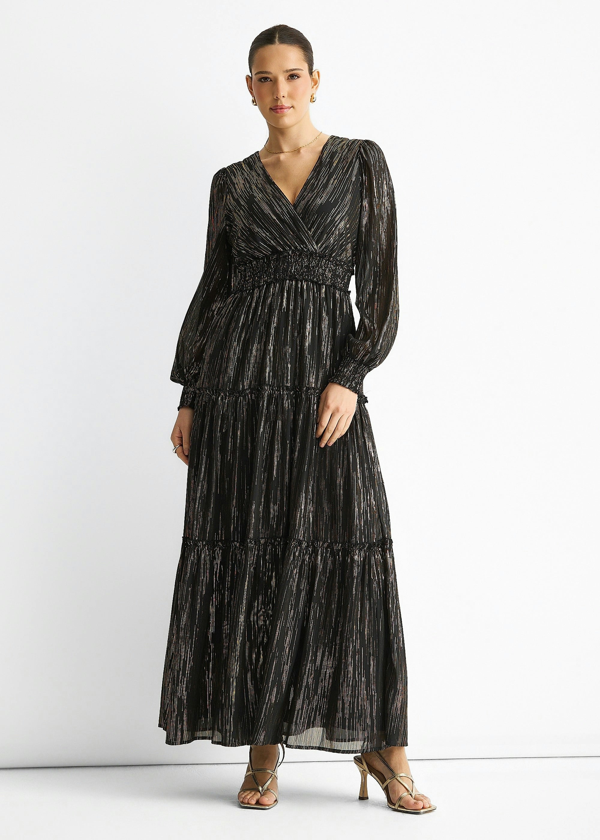 Gini London Black Lurex Chiffon Occassion Tiered Maxi Dress - Uk 10 / Us 6 / Eu 38